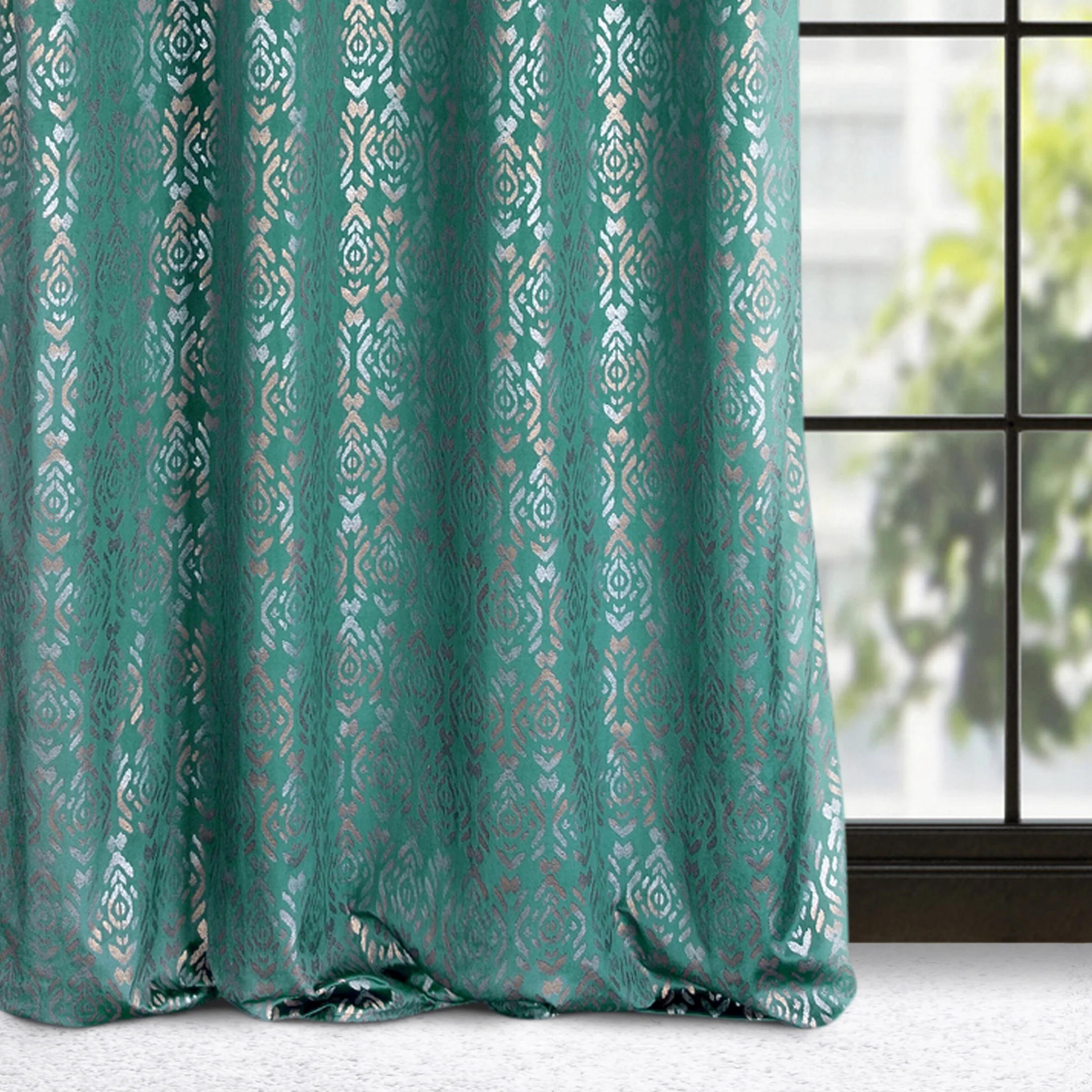 Zasłona turkusowo, złota ze złotym wzorem z welwetu 140x250 cm przelotka - LAURA | eurofirany