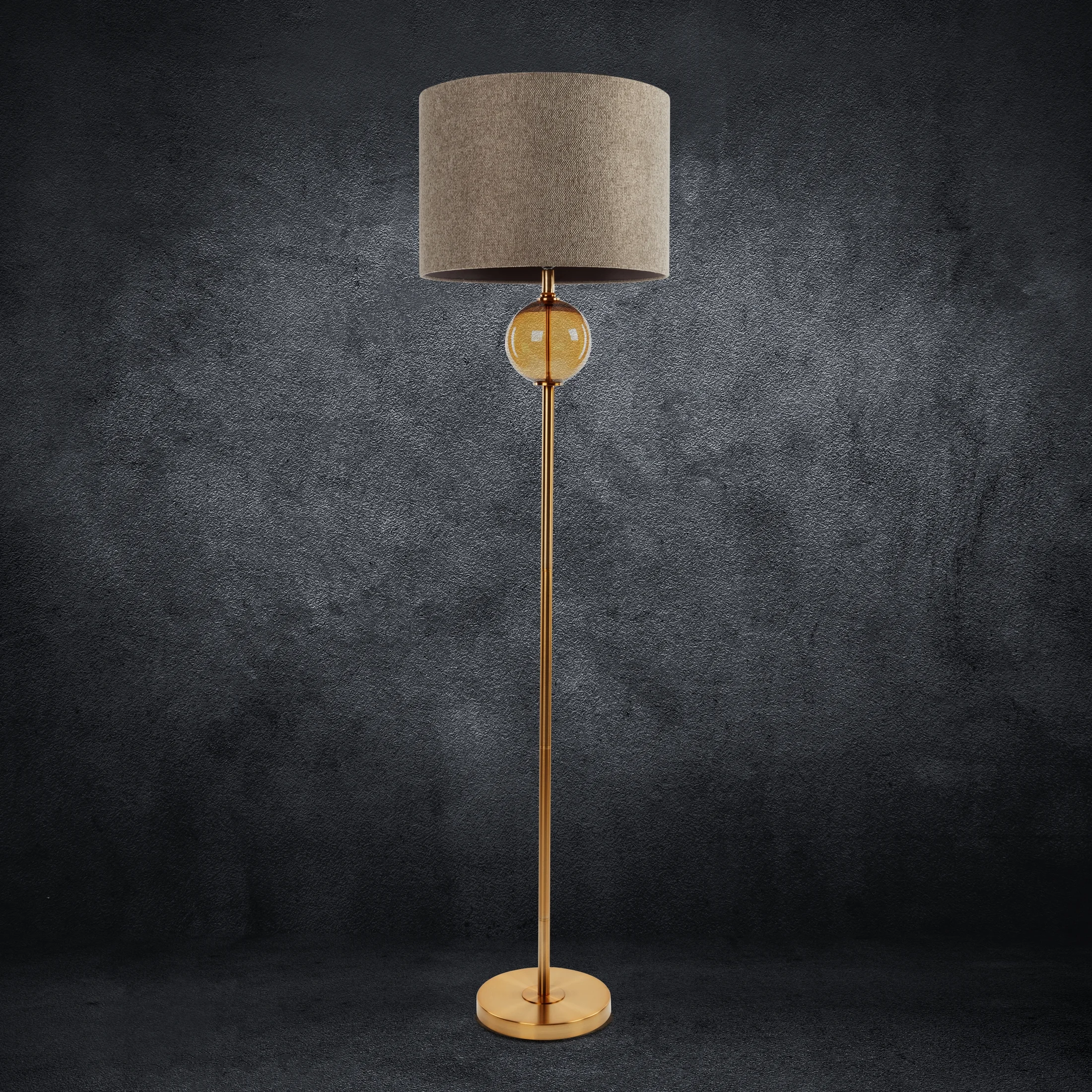 Lampa stojąca do pokoju beżowo, złota LEONA z matowym abażurem o widocznym splocie