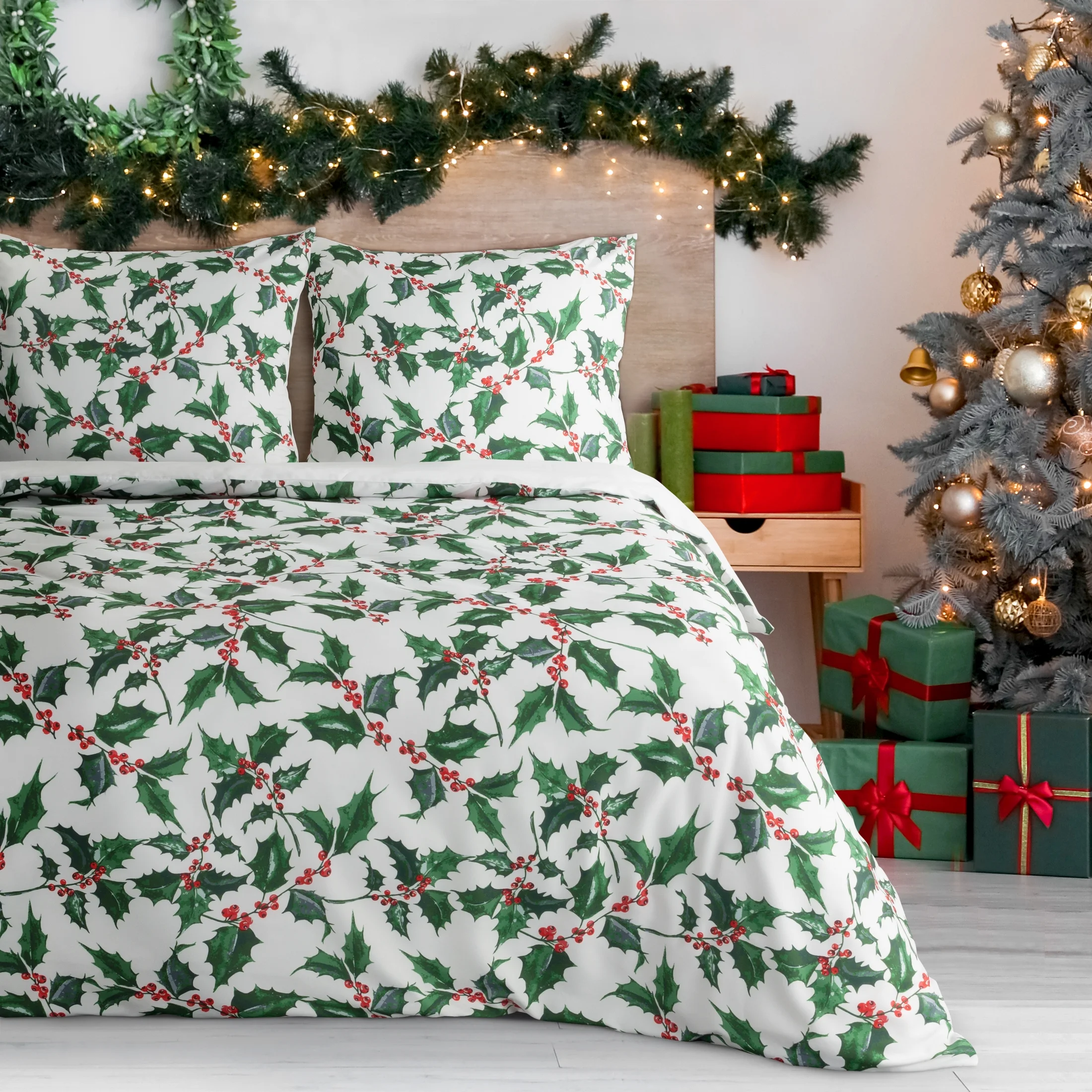 Pościel świąteczna 220x200 cm, kolor biały, zielony TORI |