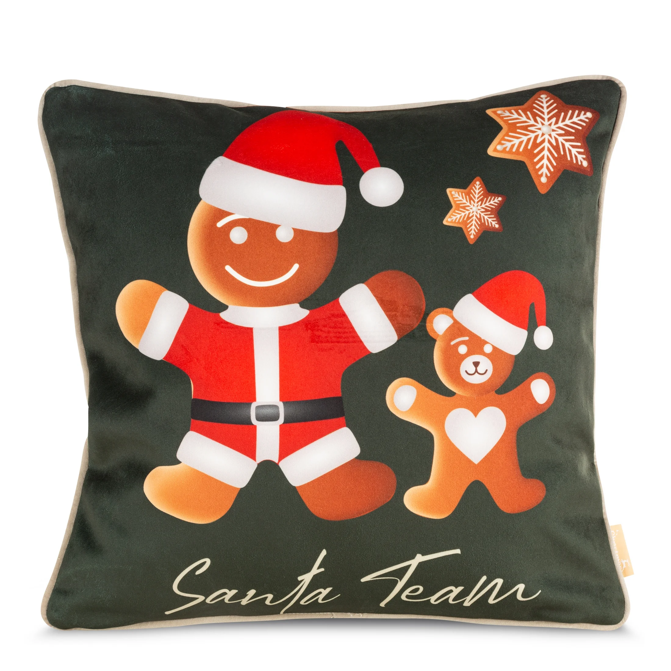 Poszewka na poduszkę 45x45 cm welwetowa, zielono czerwona ze świątecznym motywem pierników GINGER | eurofirany