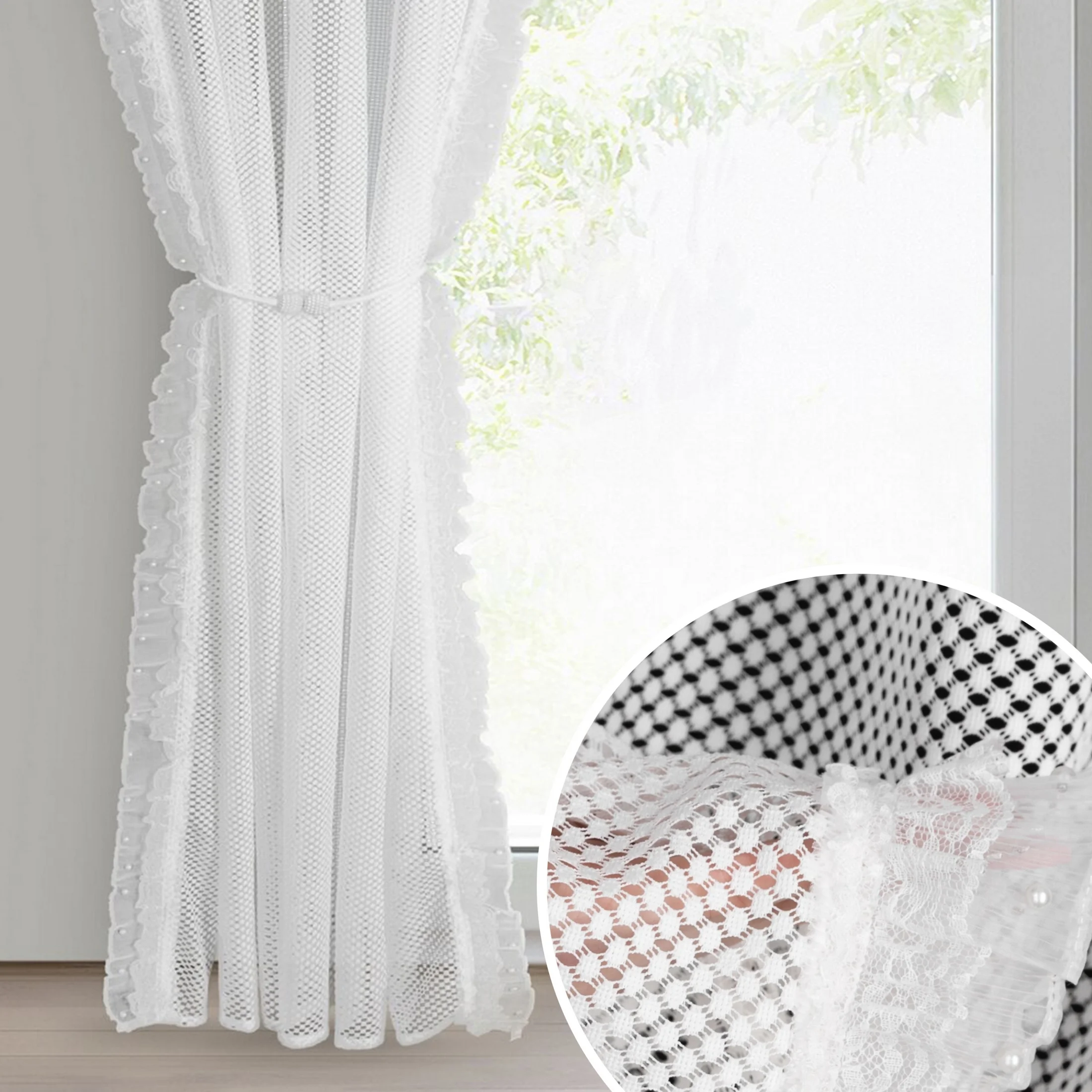 Firana biała z siateczki zdobiona na brzegach subtelną falbanką 140x270 cm taśma AGNESS | eurofirany