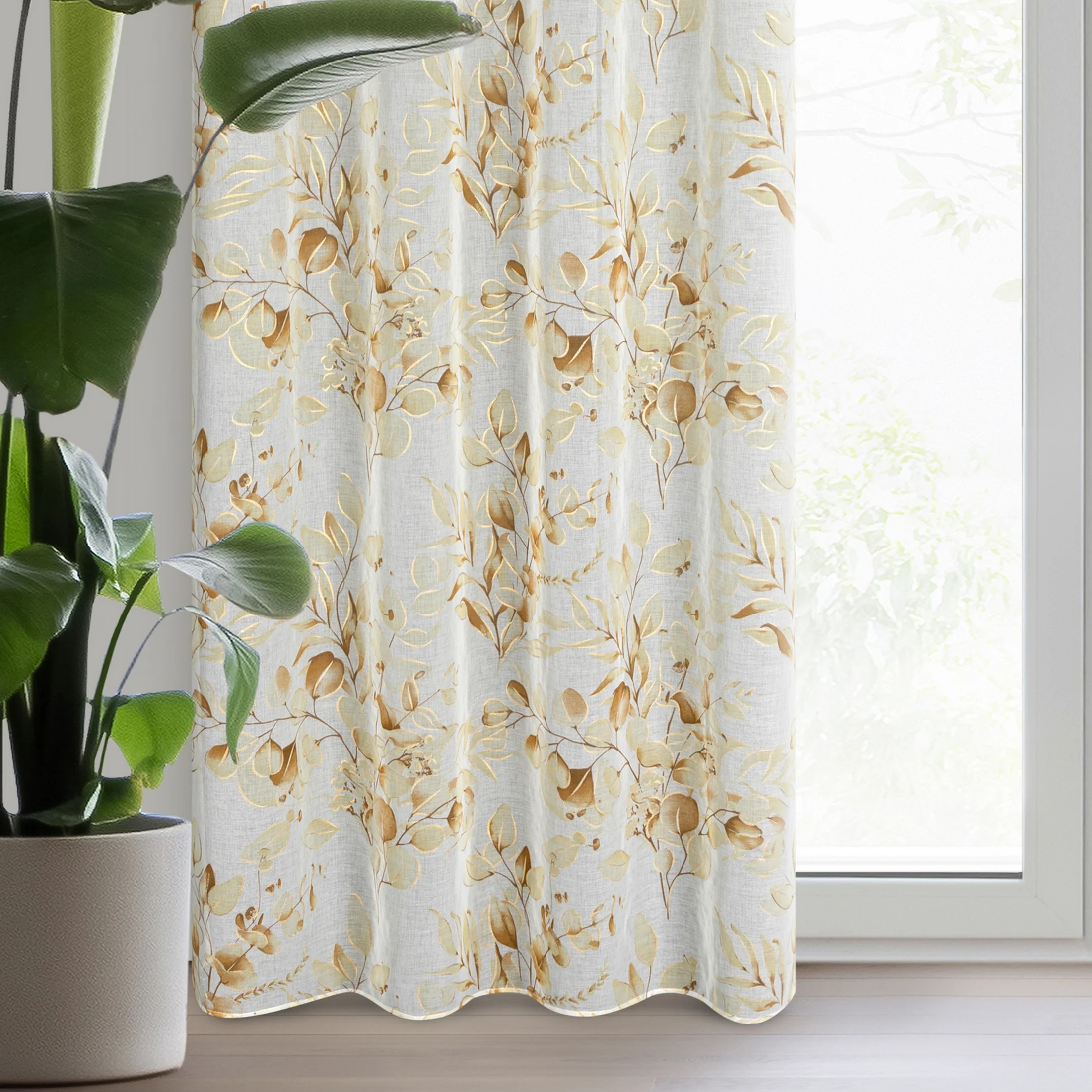 Zasłona beżowo, żółta z nadrukiem kwiatów z etaminy 140x250 cm przelotka - AVA | eurofirany