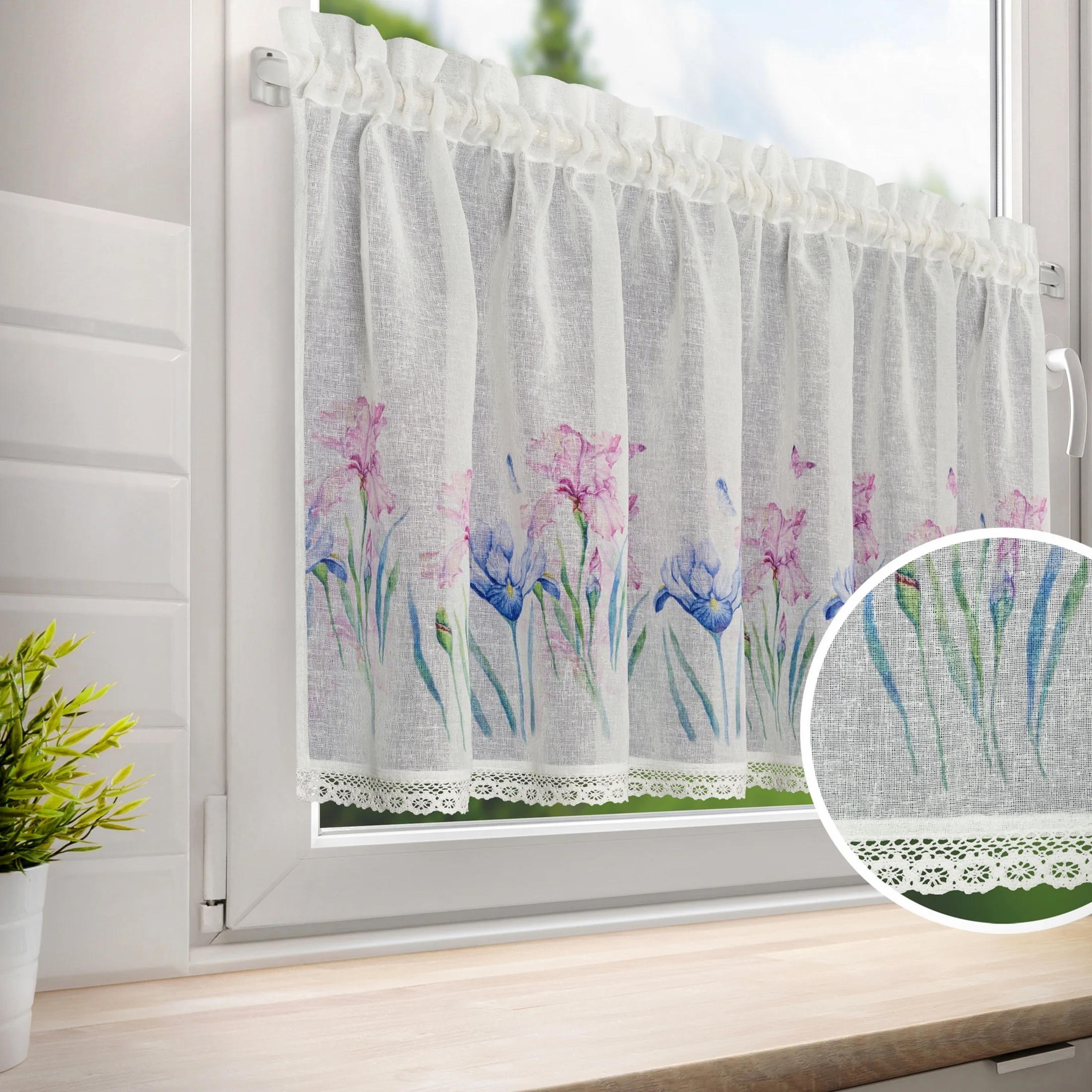 Zazdrostka biało, różowa z etaminy zdobiona nadrukiem kwiatów i koronką 150x60 cm tunel DOLOREZ