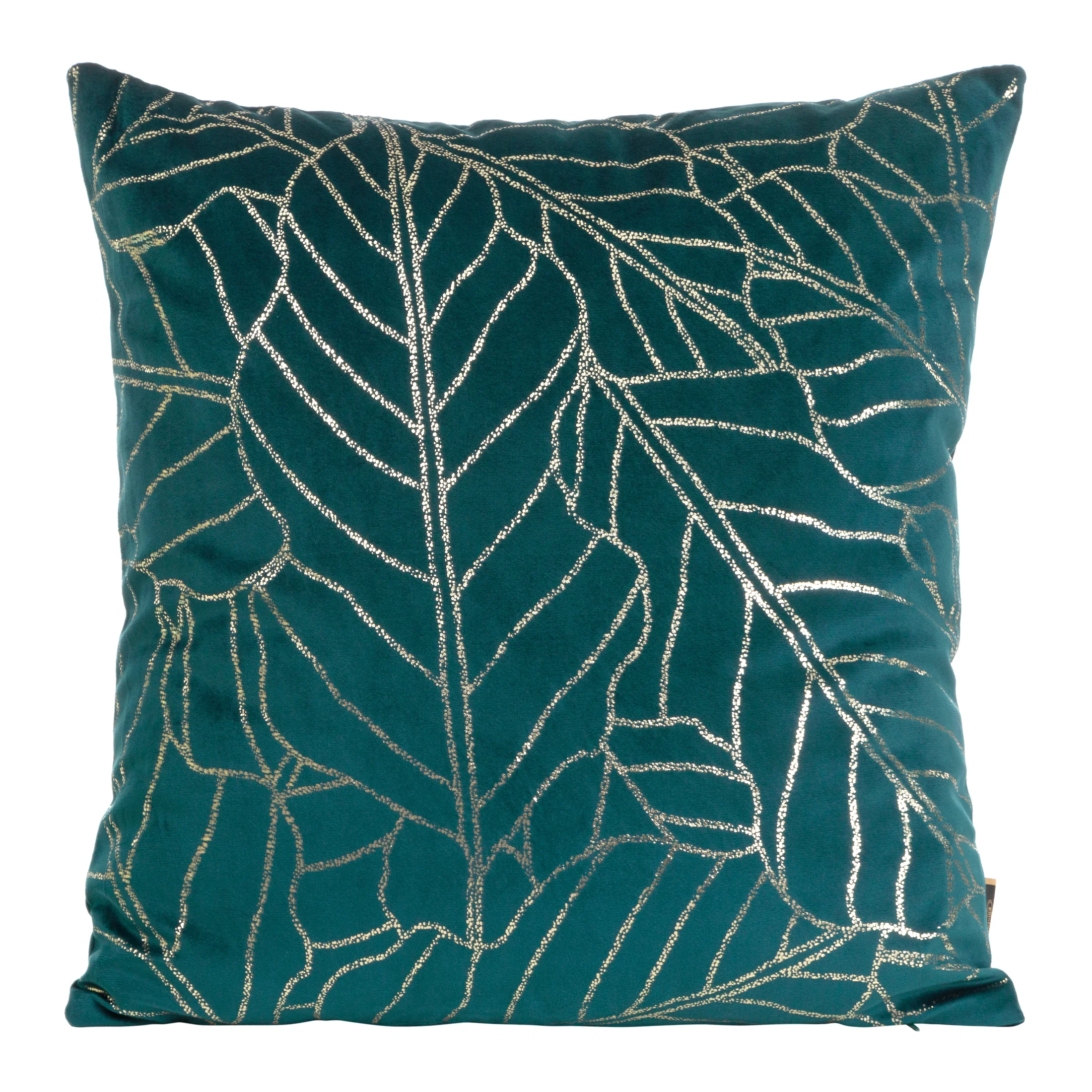 Poszewka na poduszkę 45x45 cm welwetowa ciemnoturkusowa z nadrukiem błyszczących liści BLINK 32 | eurofirany