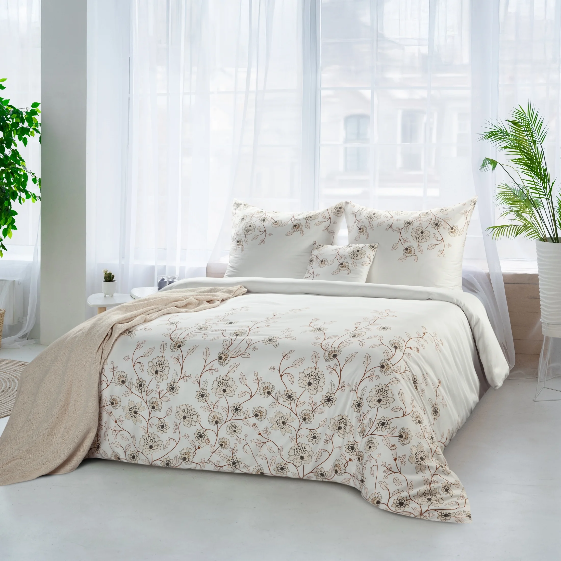 Pościel 140x200 cm bawełniana kolor biały, brązowy z wzorem kwiatowym styl romantyczny SPRING 44 | eurofirany