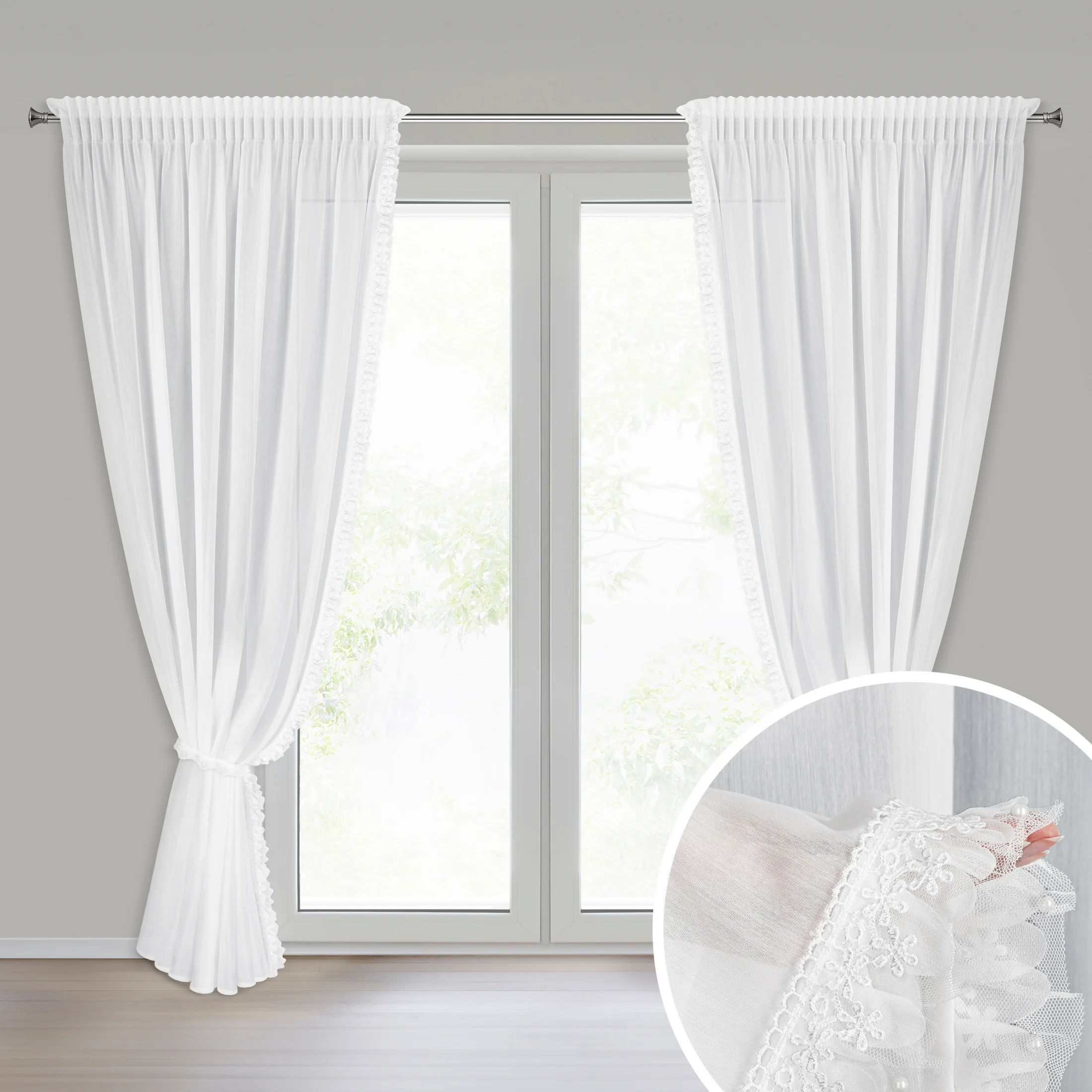 Komplet firan białych zdobionych aplikacją z gipiurą z perełkami 140x270 cm taśma+troczek ELENA | eurofirany