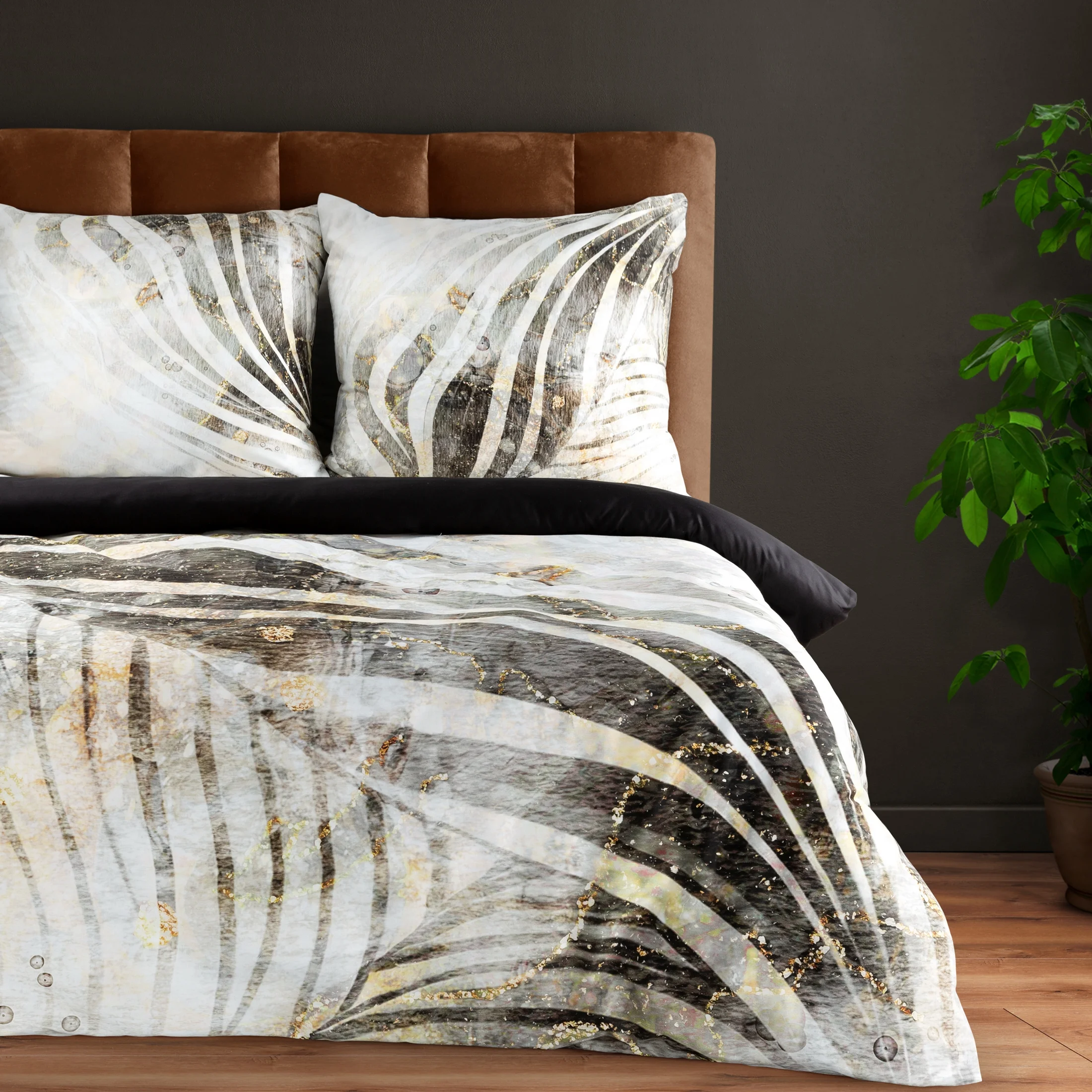 Pościel 160x200 cm z makosatyny bawełnianej kolor beżowy, czarny z nowoczesnym wzorem Eva Minge | eurofirany