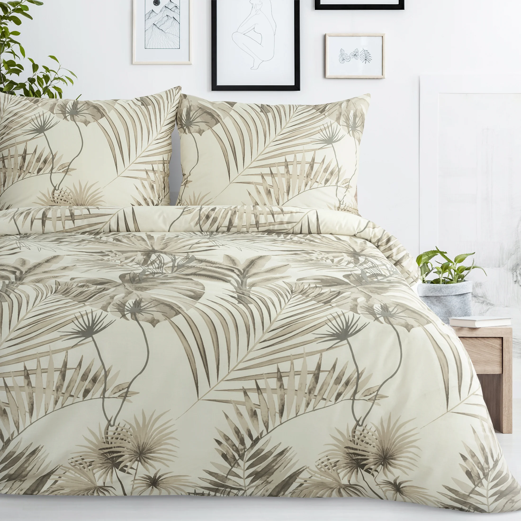 Pościel 220x200 cm bawełniana kolor beżowy, stalowy z wzorem egzotycznych liści NINA | eurofirany