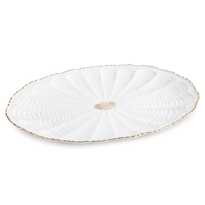Patera ceramiczna dekoracyjna kremowo-złota z wypukłym wzorem i złotymi akcentami 41x28x3 cm GAIA