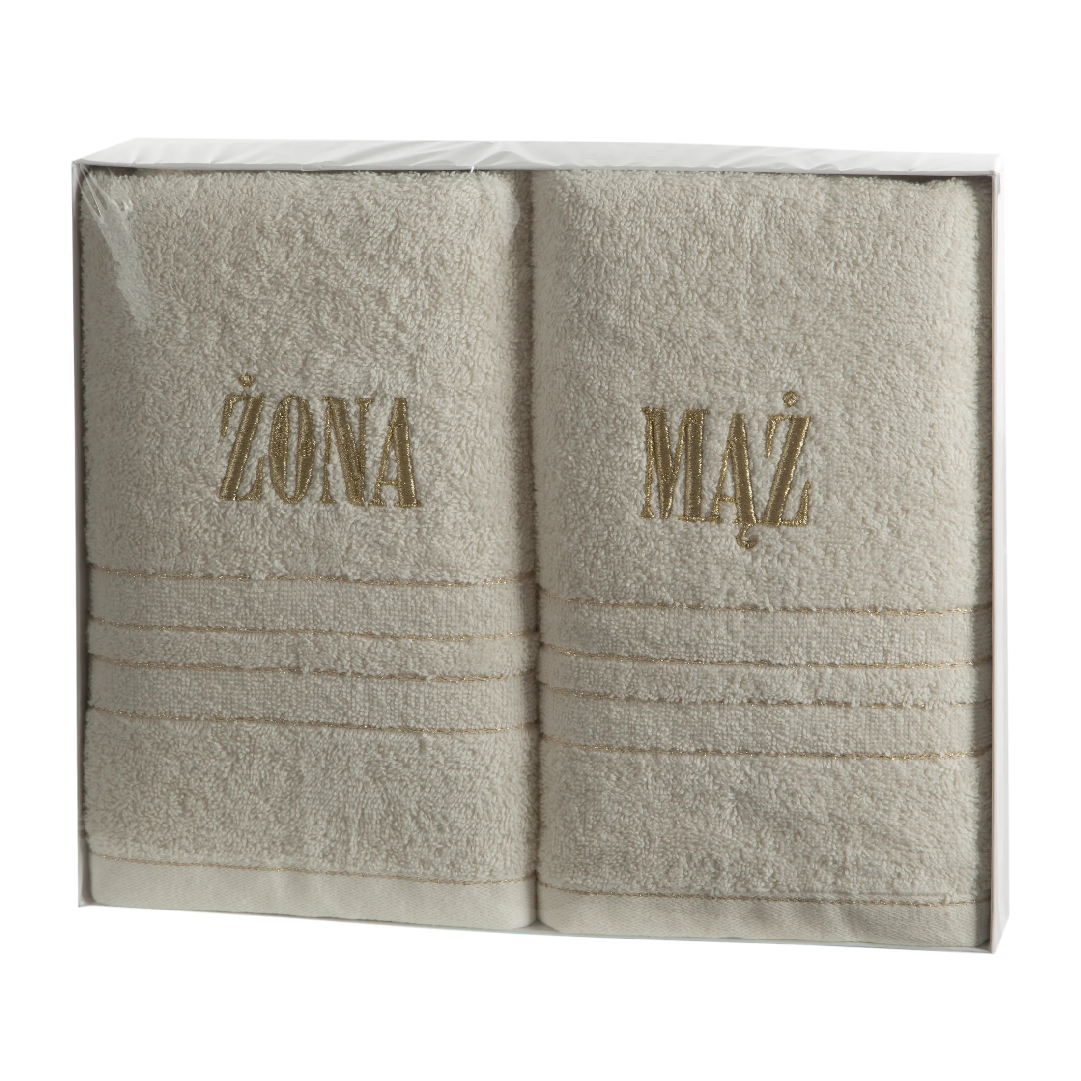 Zestaw ręczników bawełnianych na prezent 2 szt 50x90 cm kolor kremowy z subtelnym haftem ŻONA MĄŻ
