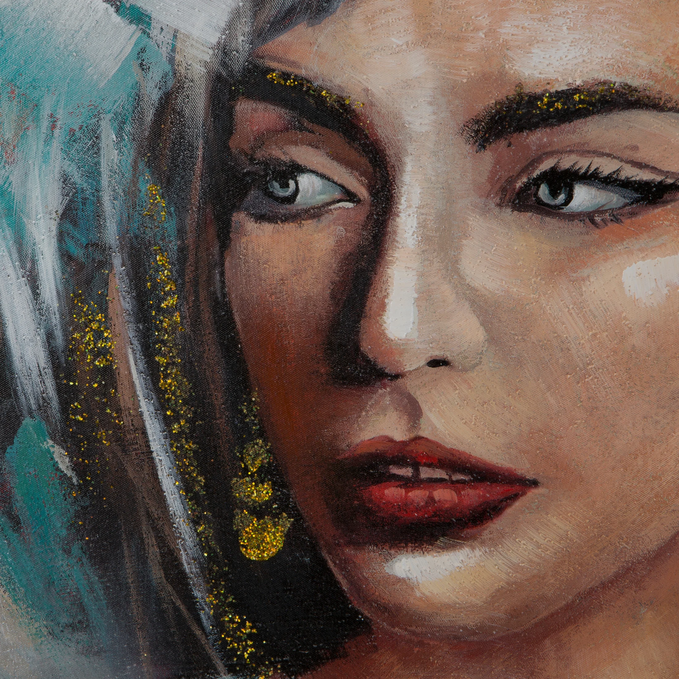 Obraz postaci szaro, turkusowy ręcznie malowany na płótnie 80x120 cm BELLE 6