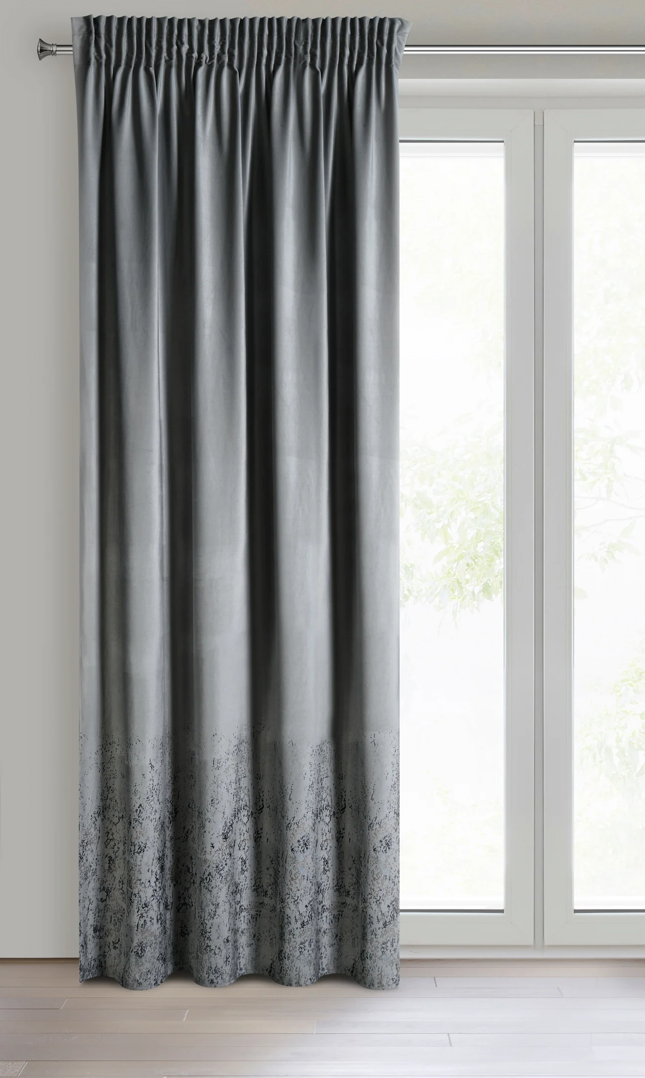 Zasłona welwetowa popielata z przecieranym wzorem 140x270 cm taśma - MIRELA