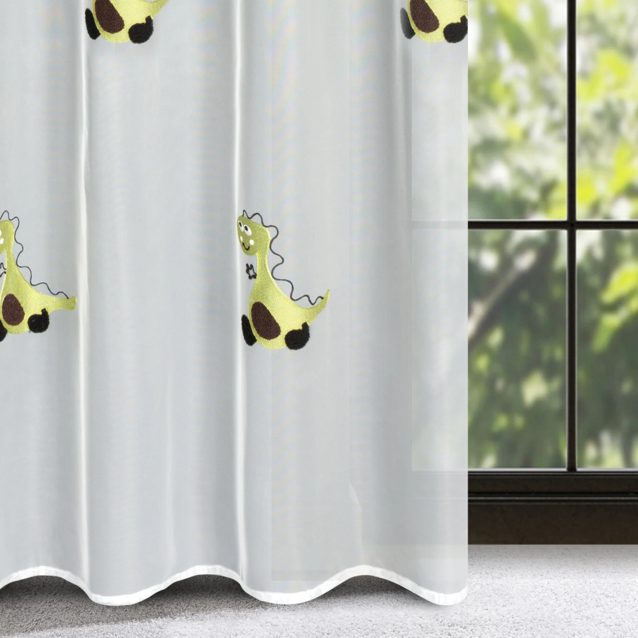 Firana biało, zielona z haftem z dinozaurami 140x250 cm przelotka DINO | eurofirany