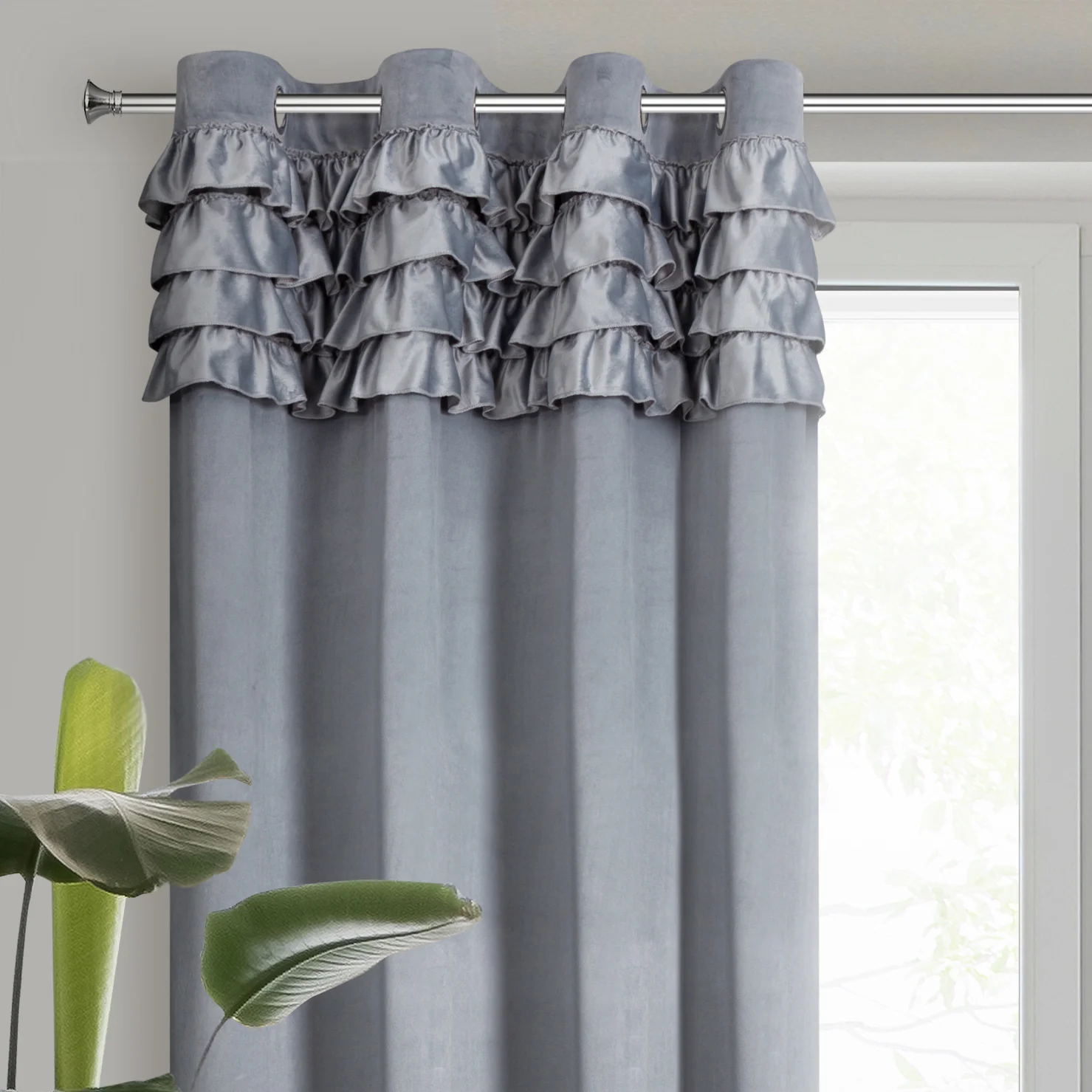 Zasłona welwetowa szara zdobiona falbanami 140x250 cm przelotka - ERIN | eurofirany