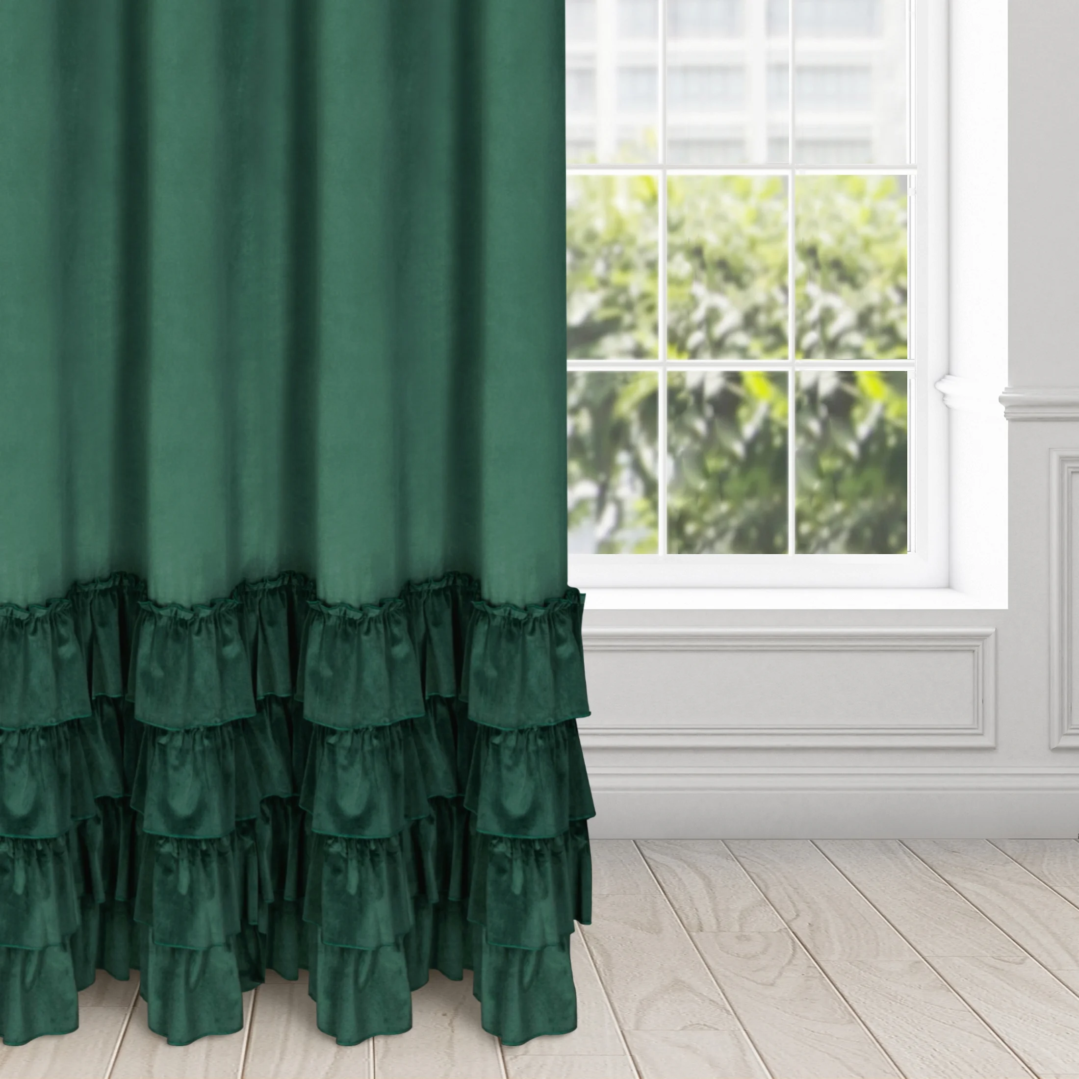 Zasłona welwetowa ciemnozielona zdobiona falbanami 140x250 przelotka - CHARLOTTE 1 | eurofirany