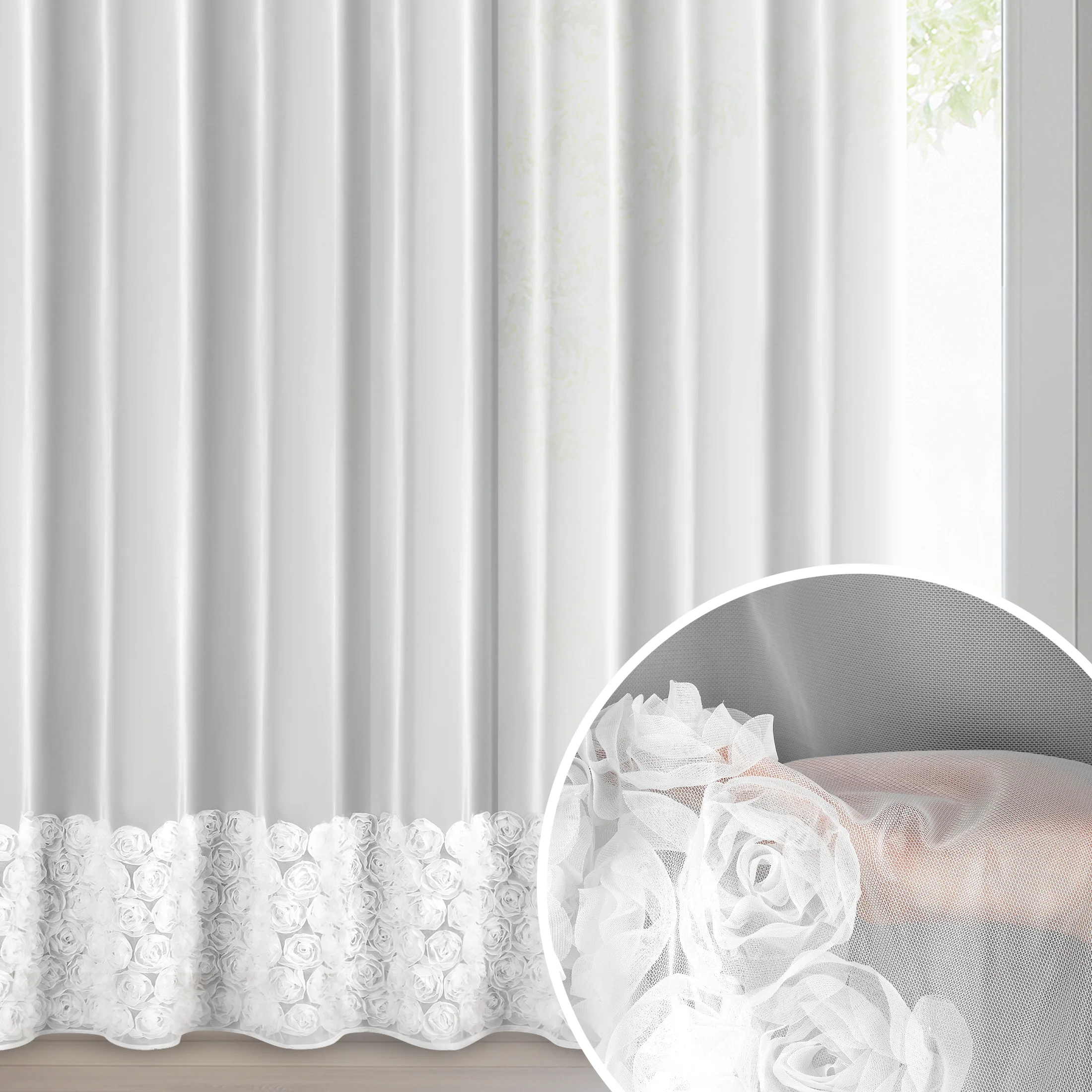 Firana biała z siateczki zdobiona aplikacją 3D w róże 350x250 cm przelotka - ROSES3 - Eva Minge | eurofirany