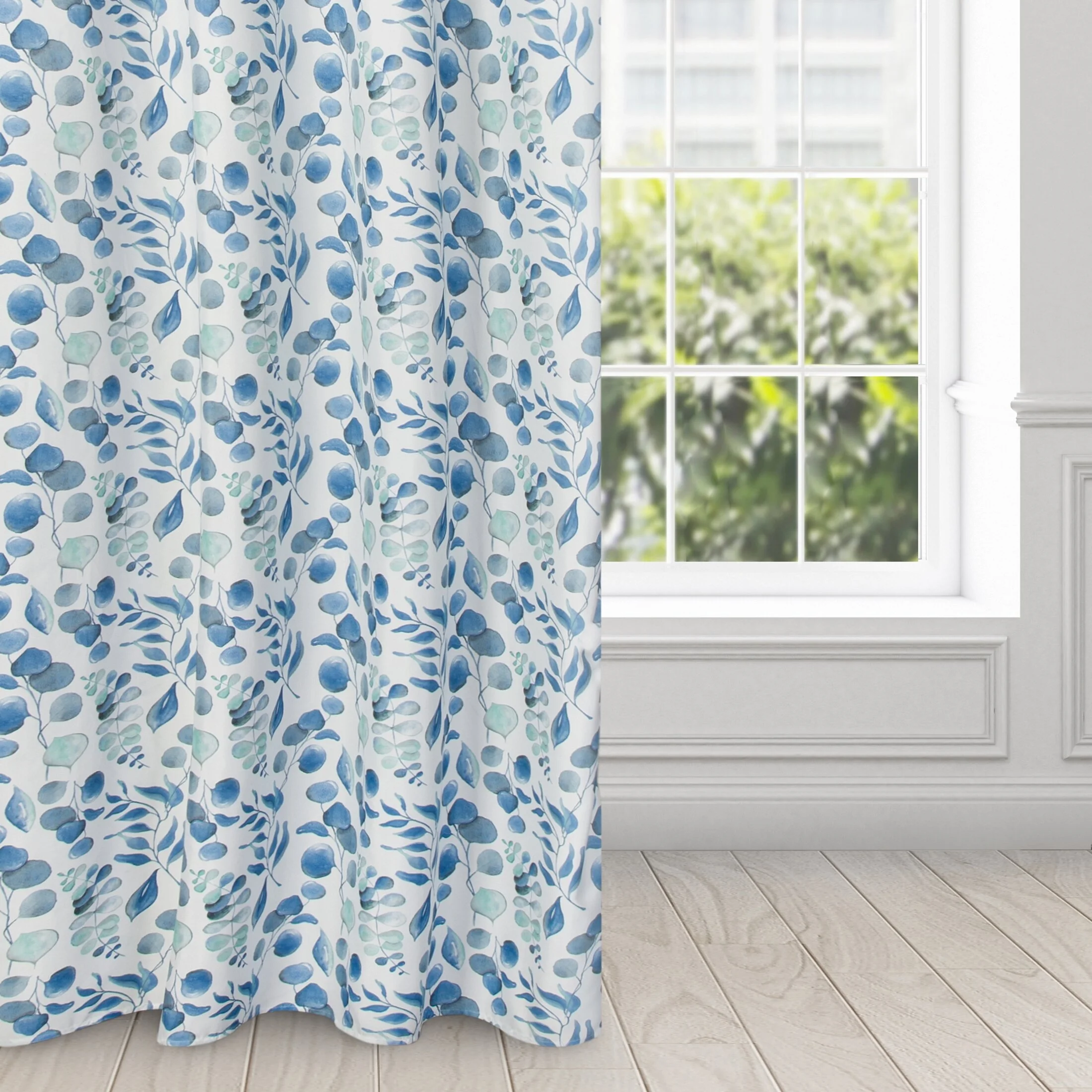 Zasłona biała w niebieskie liście 140x250 cm przelotka - ROSALI | eurofirany