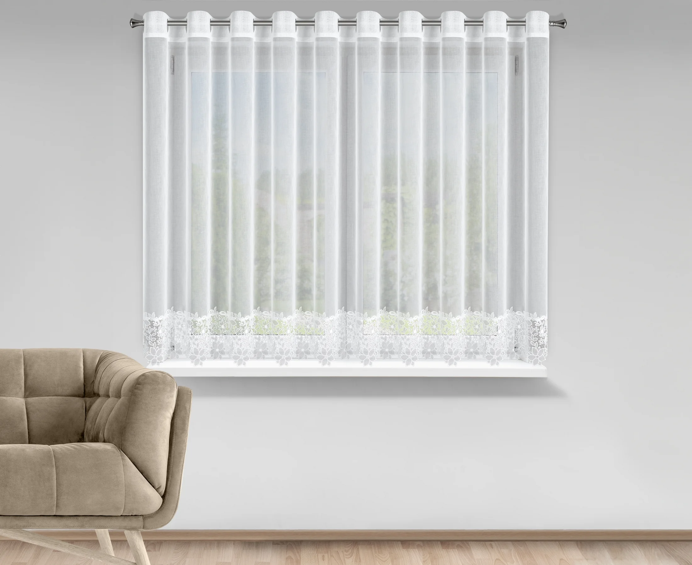 Firana biała z matowej etaminy zdobiona subtelną aplikacja w formie kwiatów 350x145 cm przelotka - ARTEMIDA