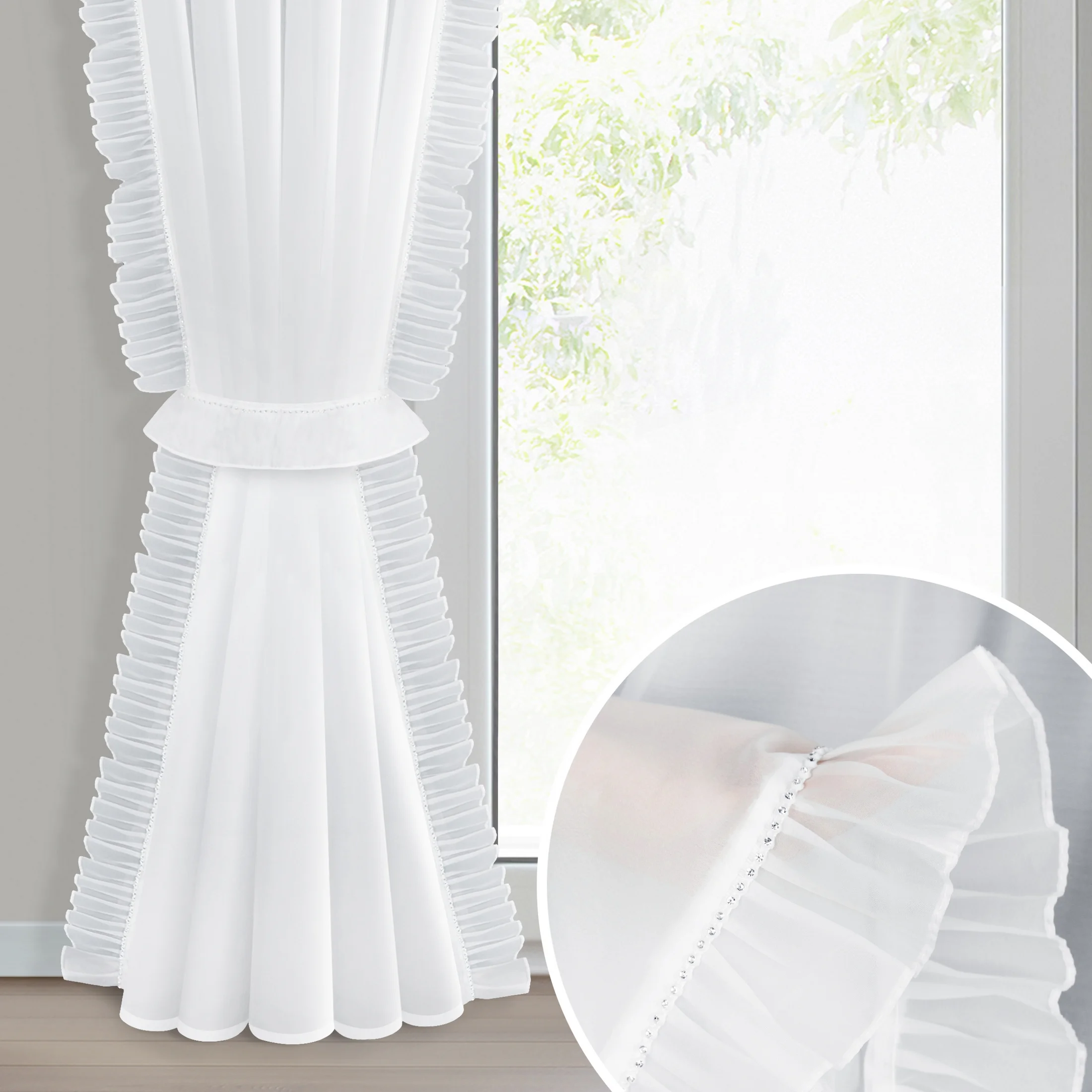 Firana biała z etaminy zdobiona po bokach falbanami podkreślona lśniącymi kryształkami w zestawie ozdobny troczek 140x270 taśma KATHY | eurofirany