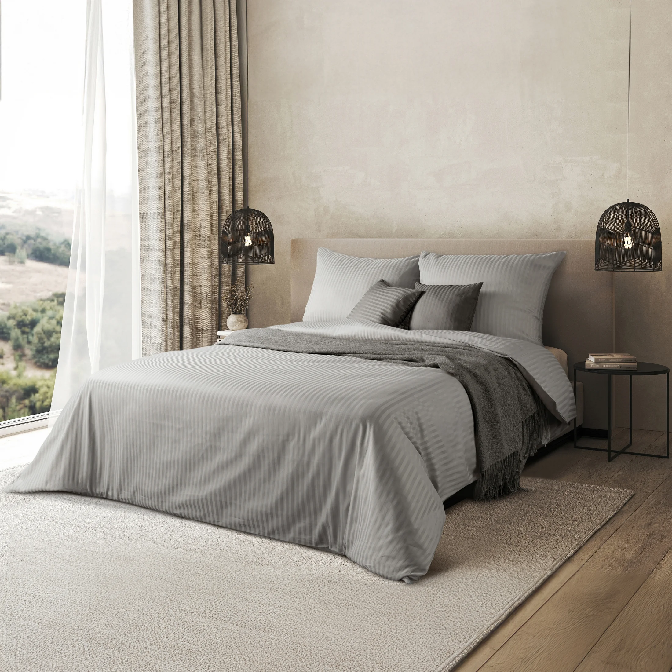 Pościel 160x200 cm satyna bawełniana kolor srebrny w drobne prążki VERA |