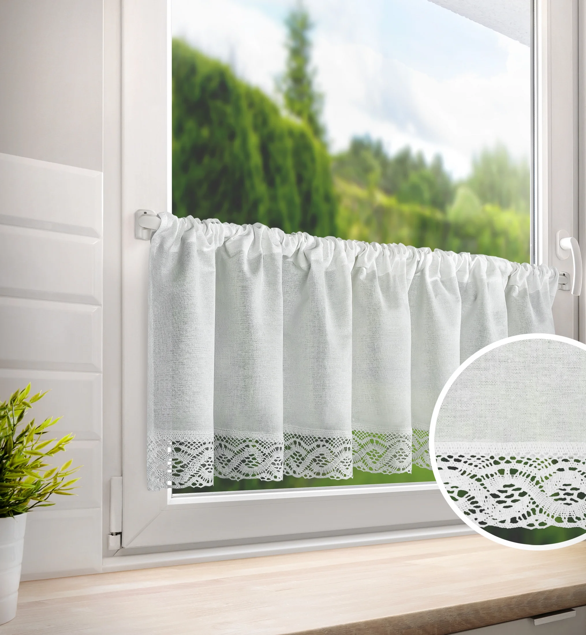 Zazdrostka biała z matowej tkaniny z koronką 200x40 cm tunel VINCE