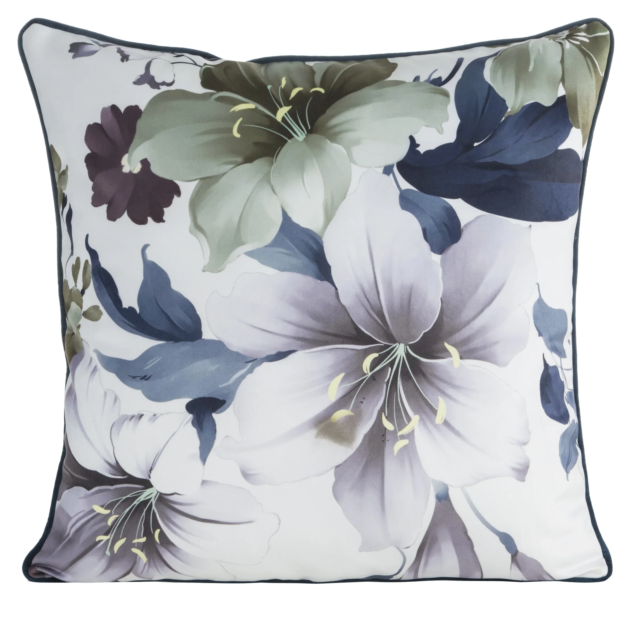 Poszewka na poduszkę dwustronna 60x60 cm welwetowa, biało fioletowa z motywem roślinnym z wypustką na brzegach SOFIA Eurofirany Premium | eurofirany