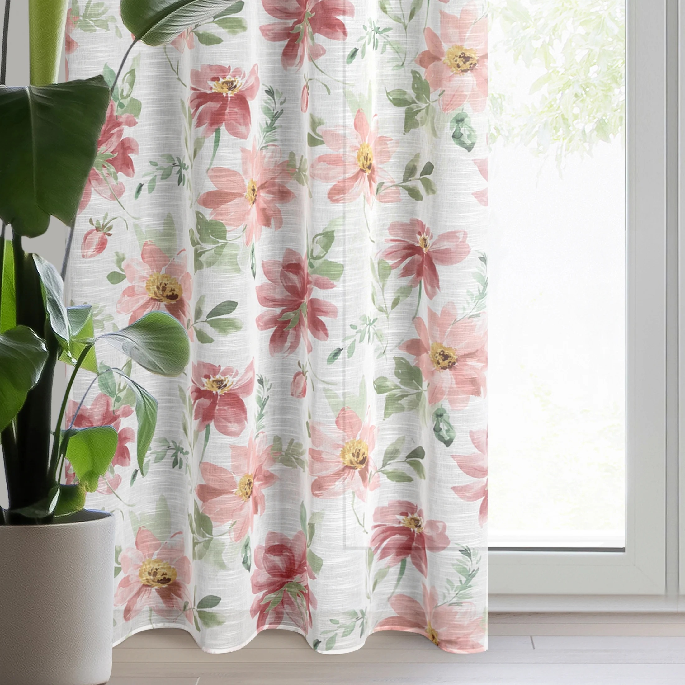 Zasłona biało, ciemnoróżowa zdobiona nadrukiem kwiatów 140x250 cm przelotka - DEBI | eurofirany