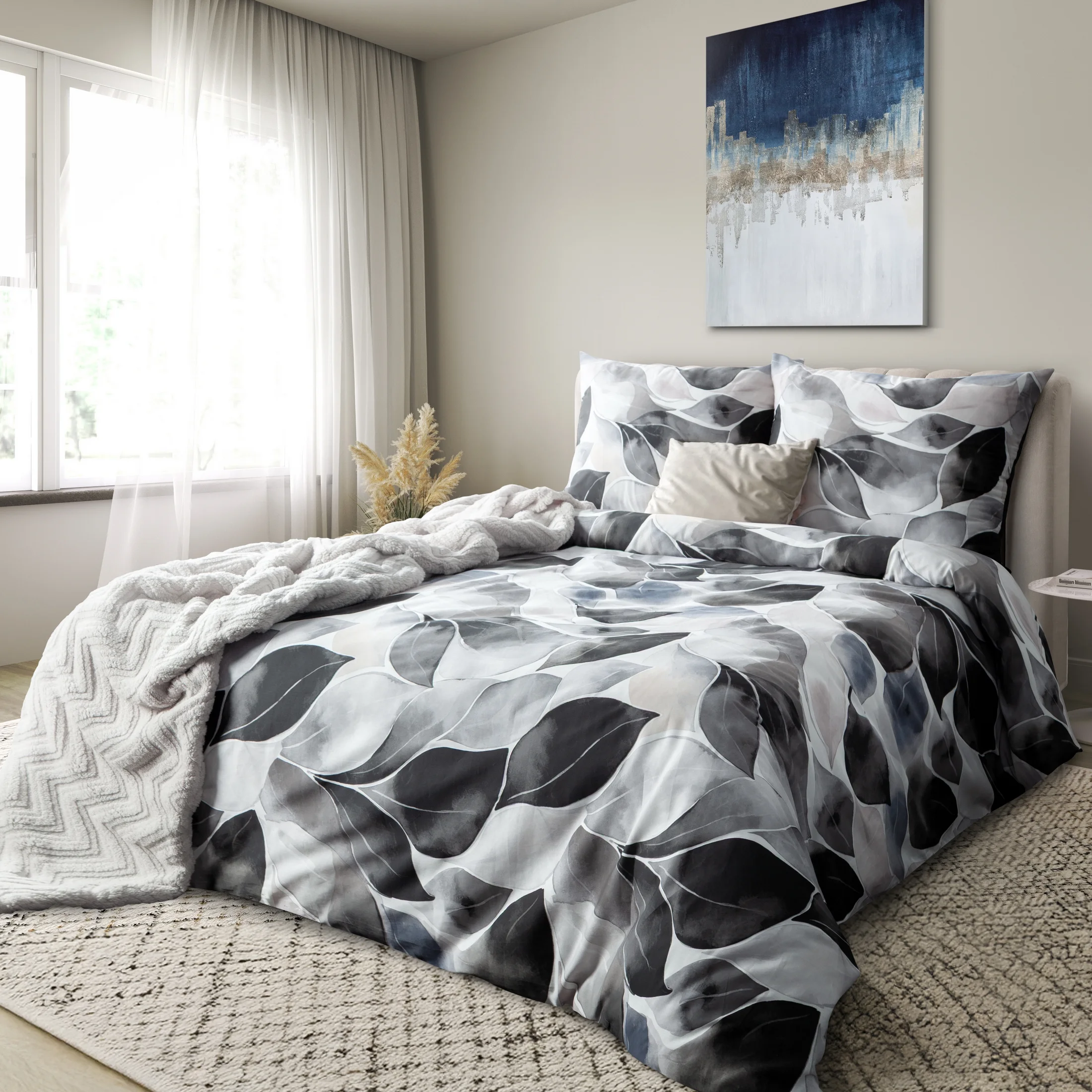 Pościel 220x200 cm z satyny bawełnianej kolor biały, grafitowy z motywem roślinnym SPRING 75 | eurofirany