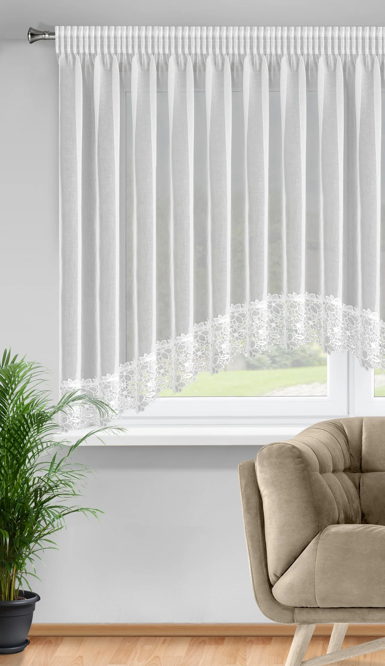 Firana biała łuk z etaminy zdobiona ażurową koronką 400x160 cm, taśma - ARTEMIDA