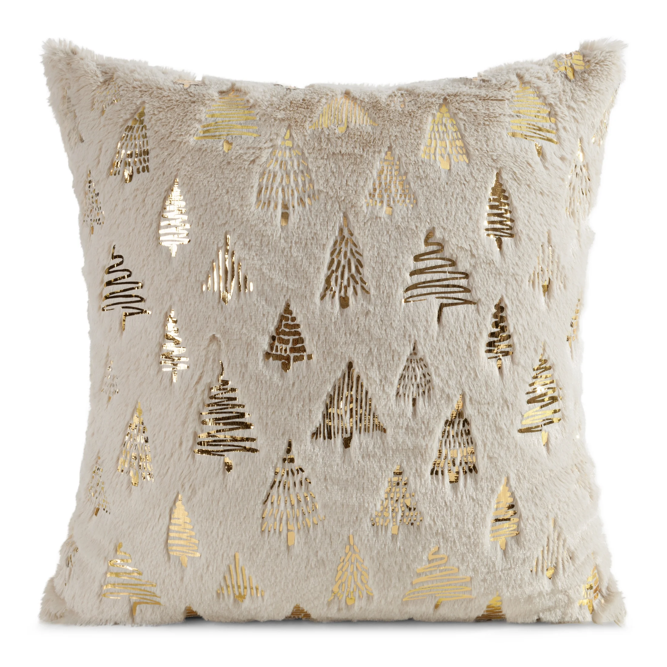 Poszewka na poduszkę świąteczna 45x45 cm beżowo, złota z przyjemnego futerka zdobiona nadrukiem choinek | eurofirany