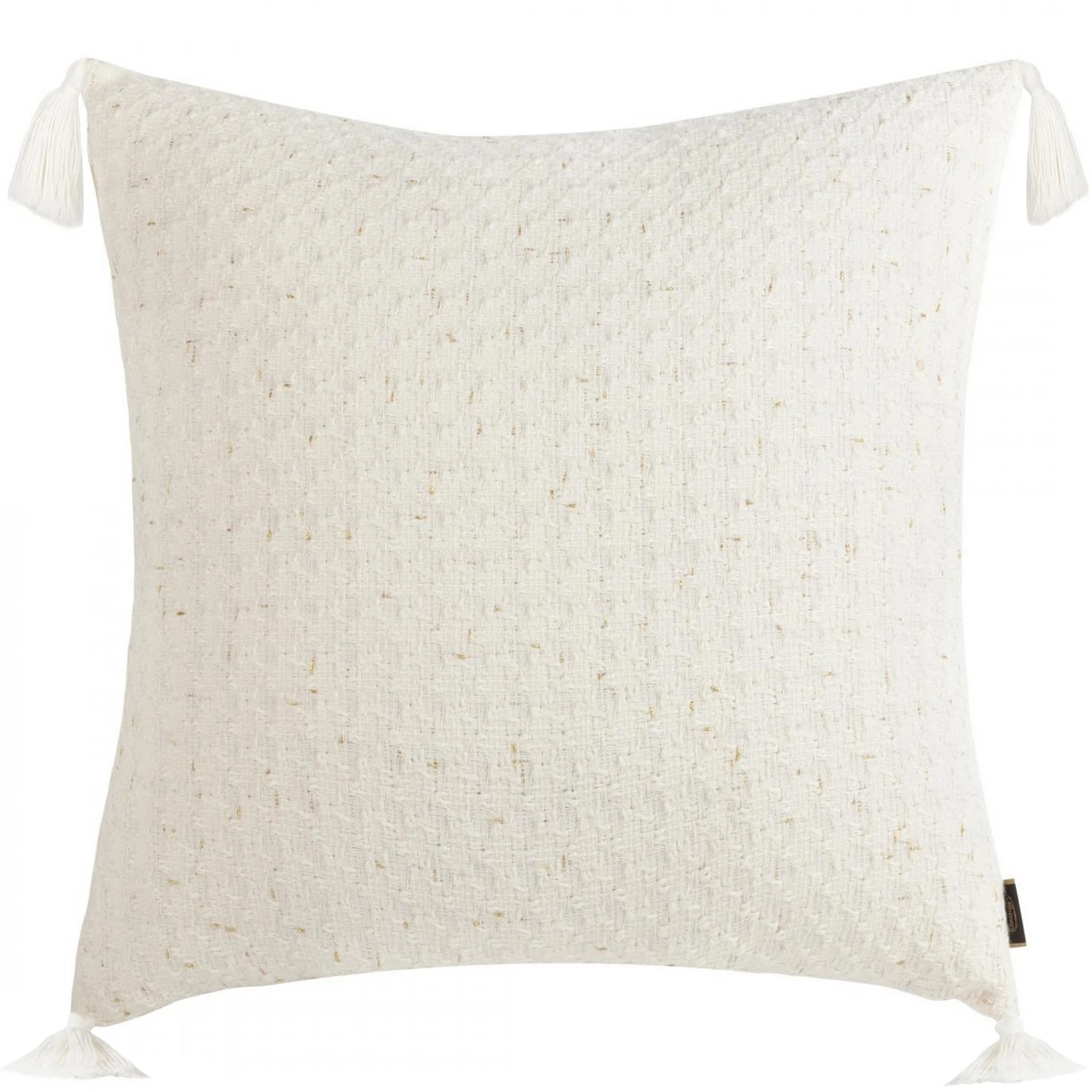 Poszewka na poduszkę 60x60 cm z żakardowej tkaniny przetykanej złotą nicią z ozdobnymi chwostami na rogach kremowa SEVILLE Terra Collection | eurofirany