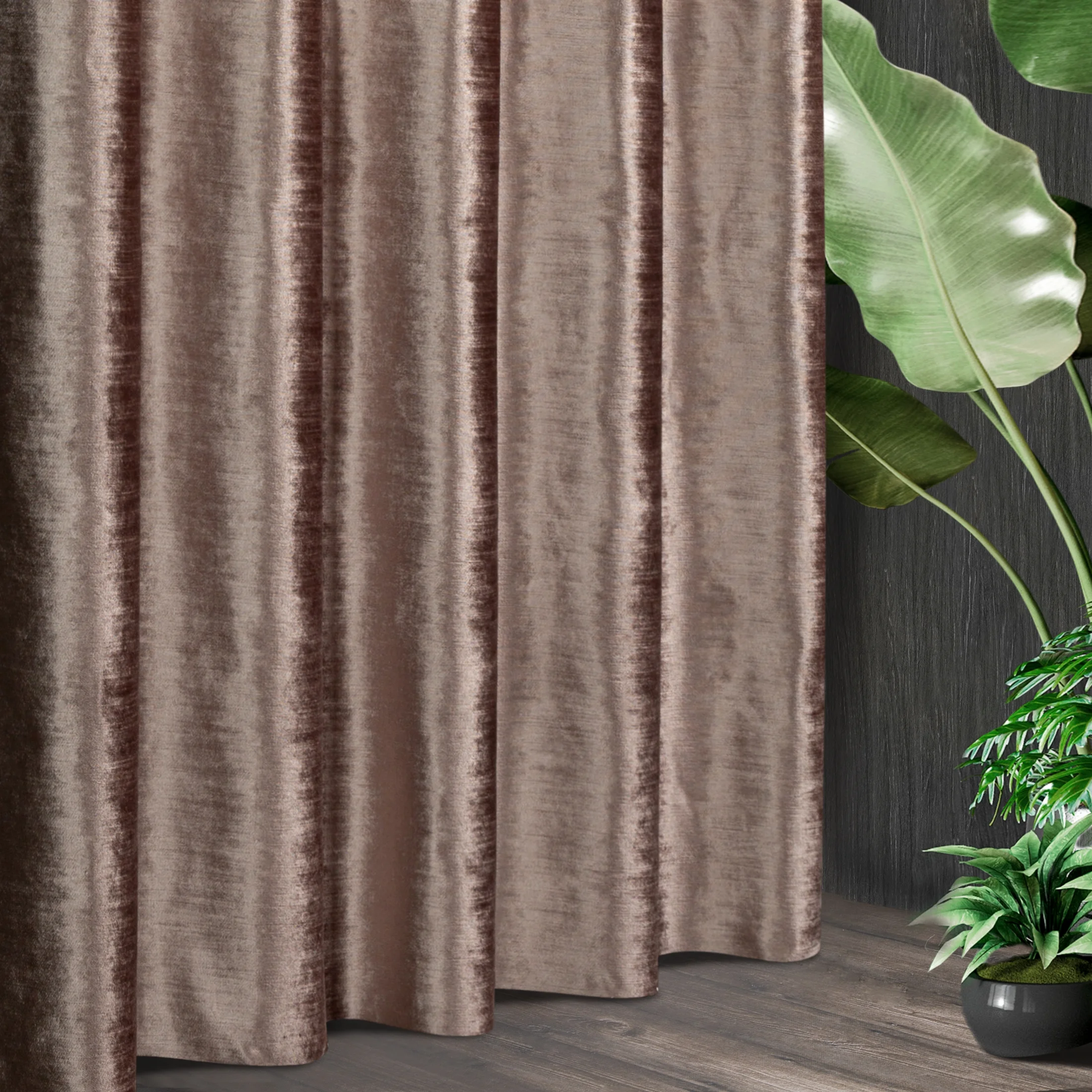 Tkanina zasłonowa miękka welwetowa z połyskiem i poziomym prążkiem