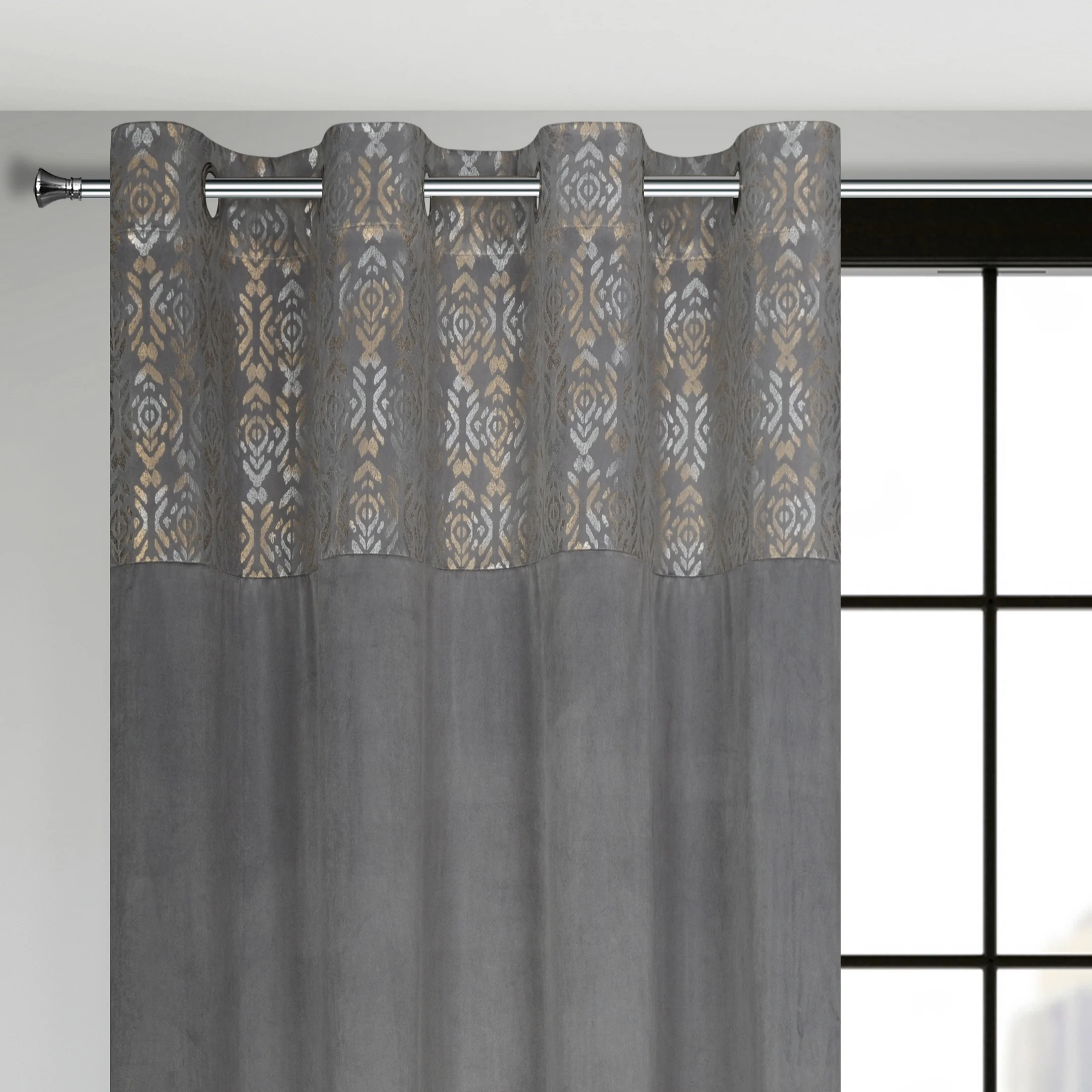 Zasłona stalowo, złota z dekoracyjnym pasem z welwetu 140x250 cm przelotka - LIZA | eurofirany