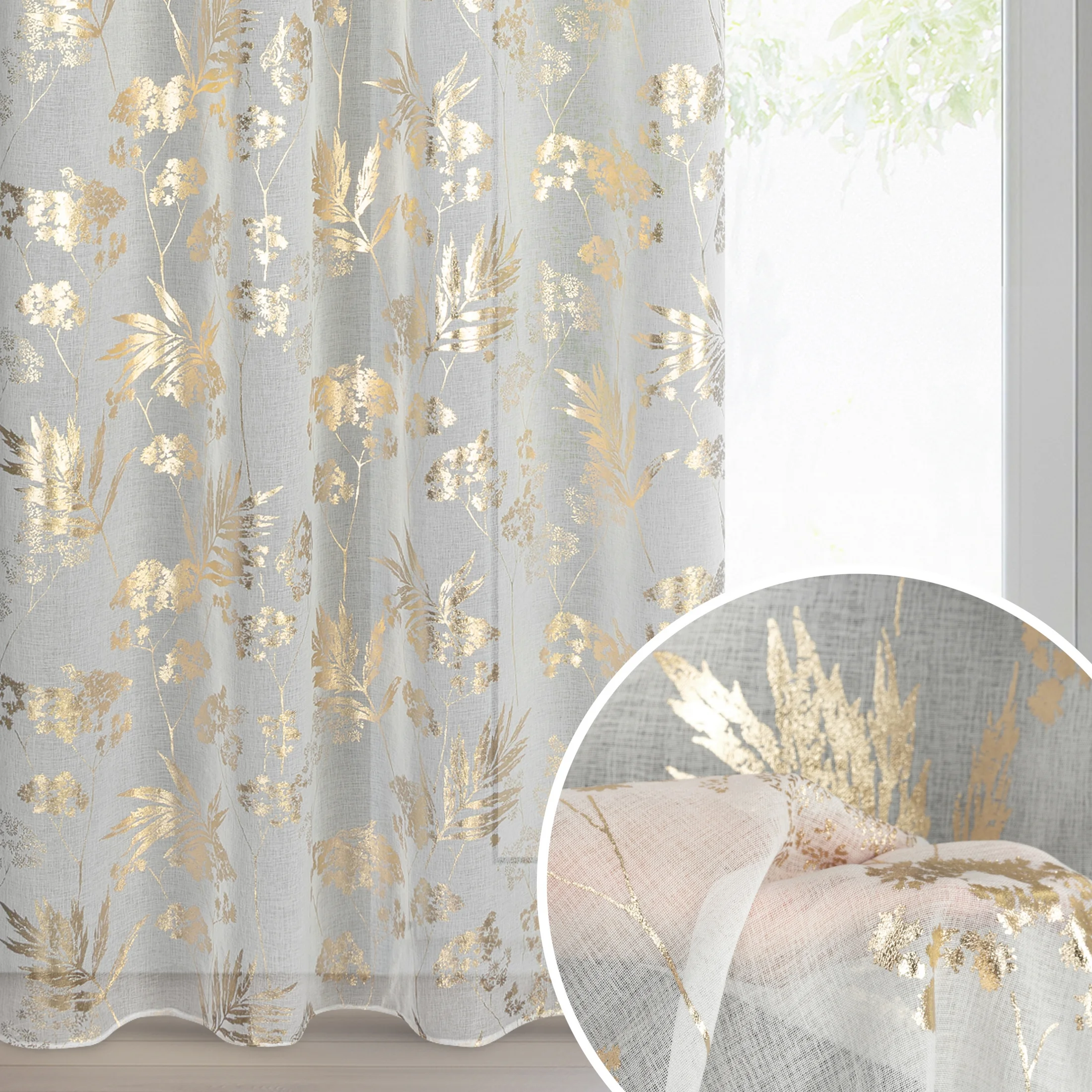 Firana biało, szampańska z etaminy z motywem roślinnym 140x250 cm przelotki - DELIA | eurofirany
