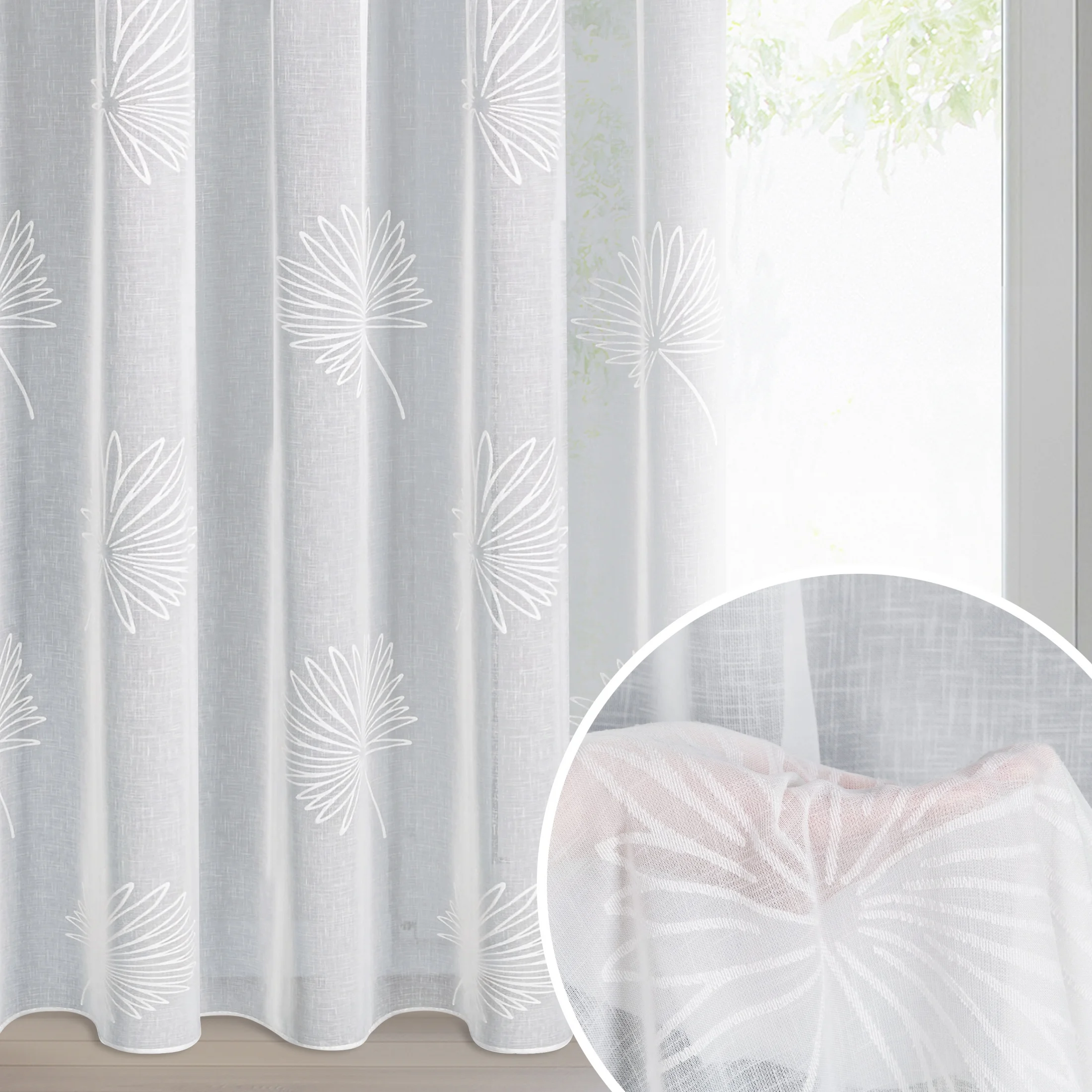 Firana biała z lekkiej etaminy z żakardowym motywem liści 140x270 cm taśma JANE | eurofirany