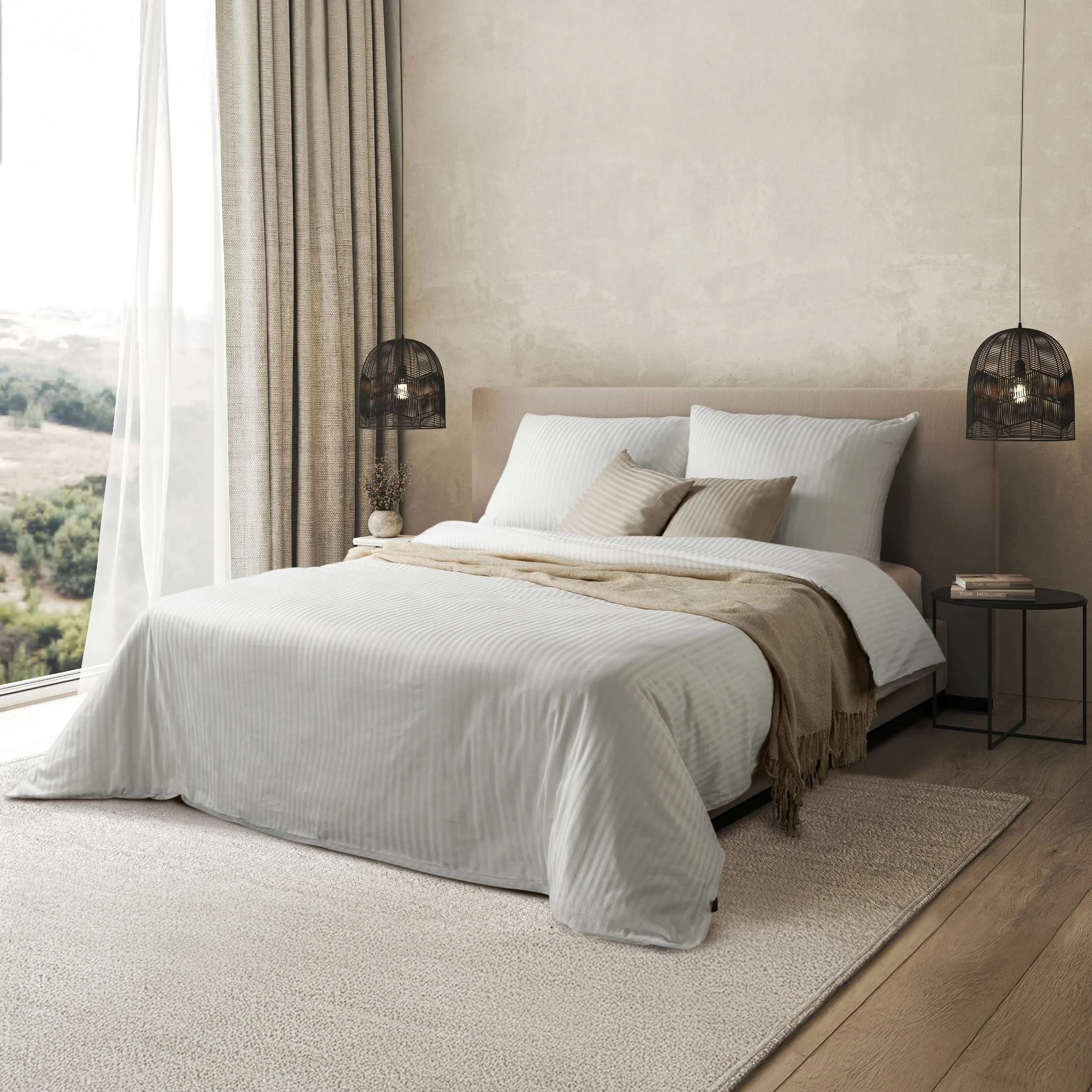 Pościel 220x200 cm satyna bawełniana kolor biały w drobne prążki VERA |