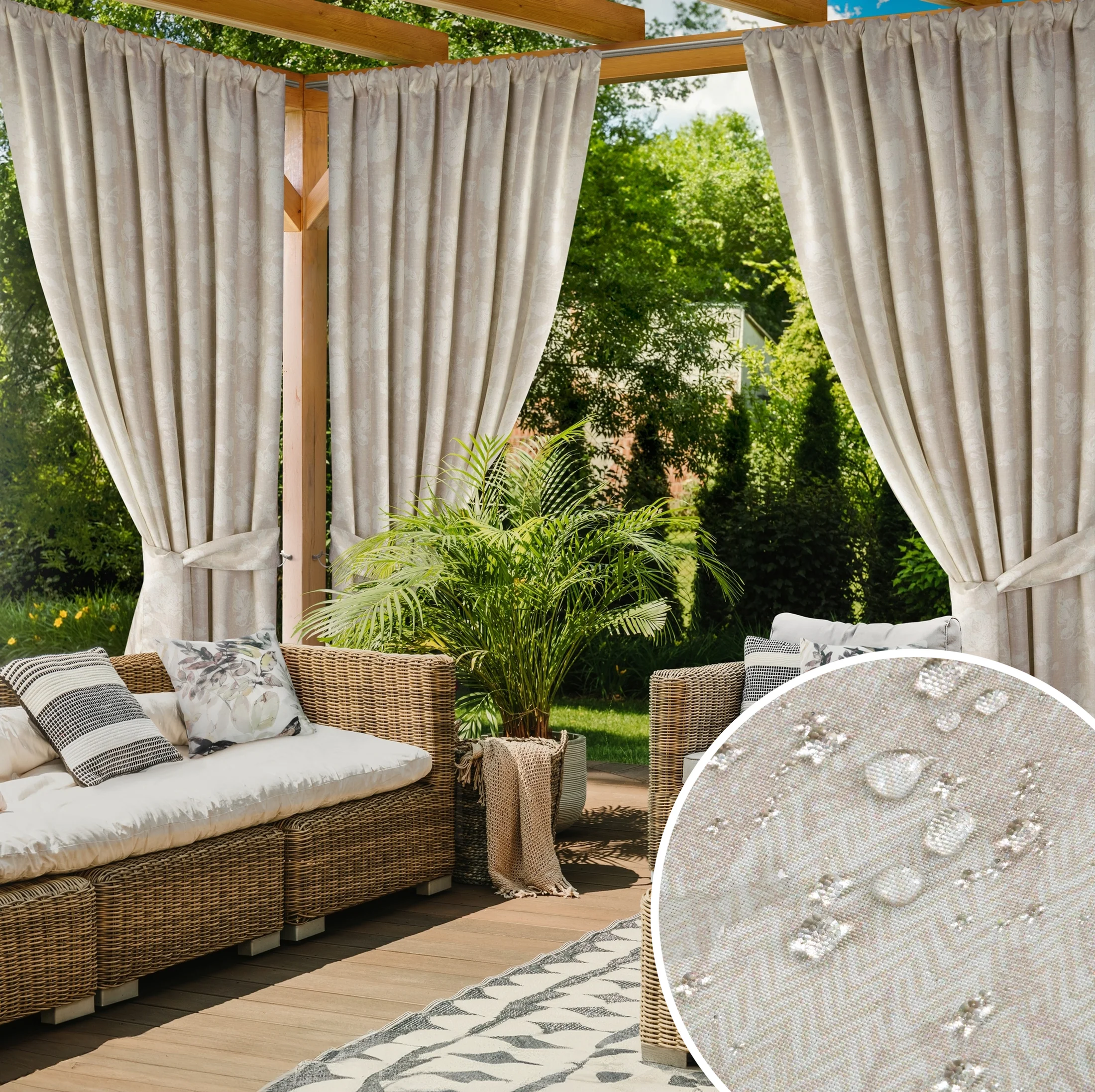 Zasłona pudrowo, kremowa z wodoodpornej tkaniny idealna do ogrodu i na taras 155x200 cm tunel - GARDEN | eurofirany