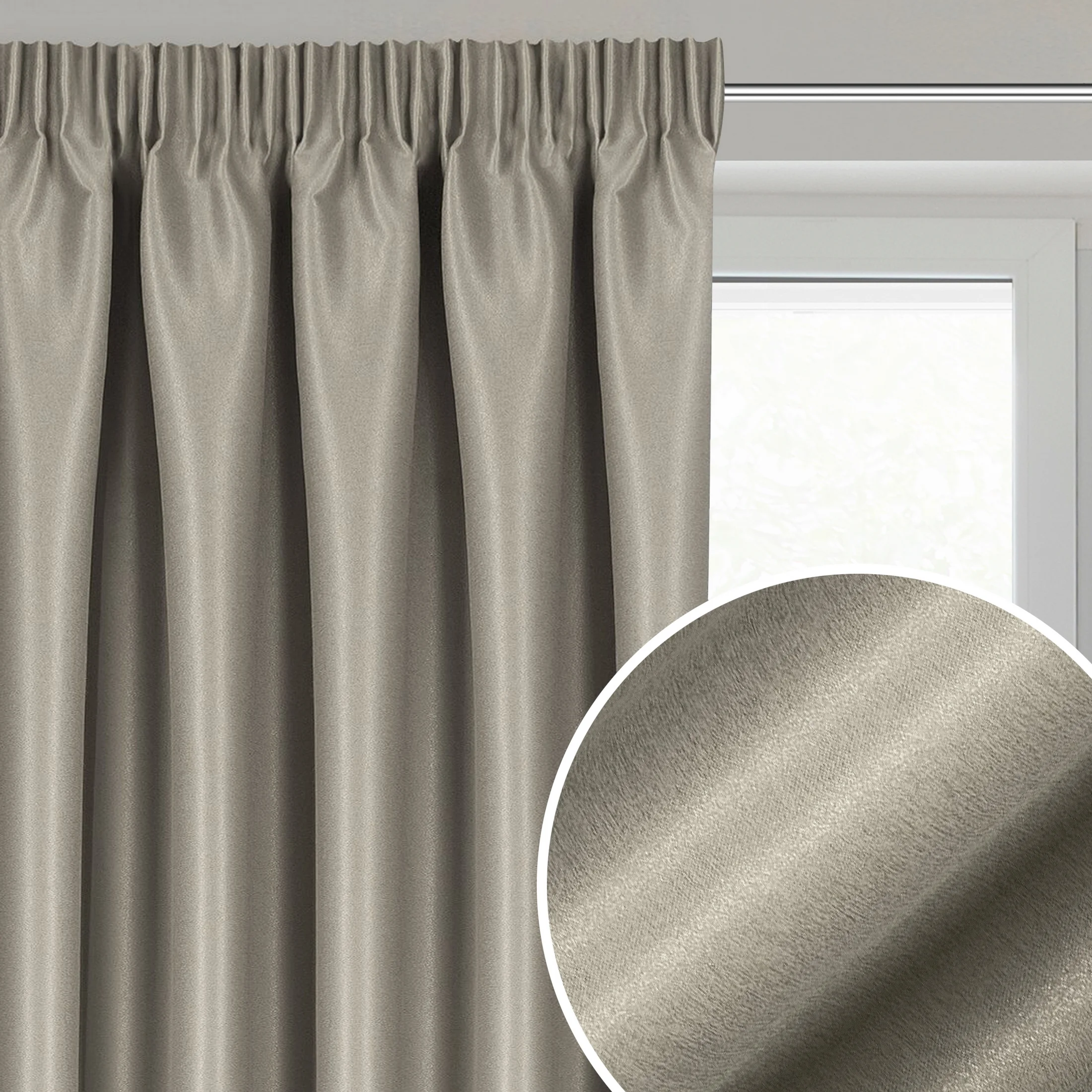 Zasłona ciemnobeżowa z błyszczącą nicią z tkaniny zaciemniającej 140x270 cm taśma - SELINA | eurofirany