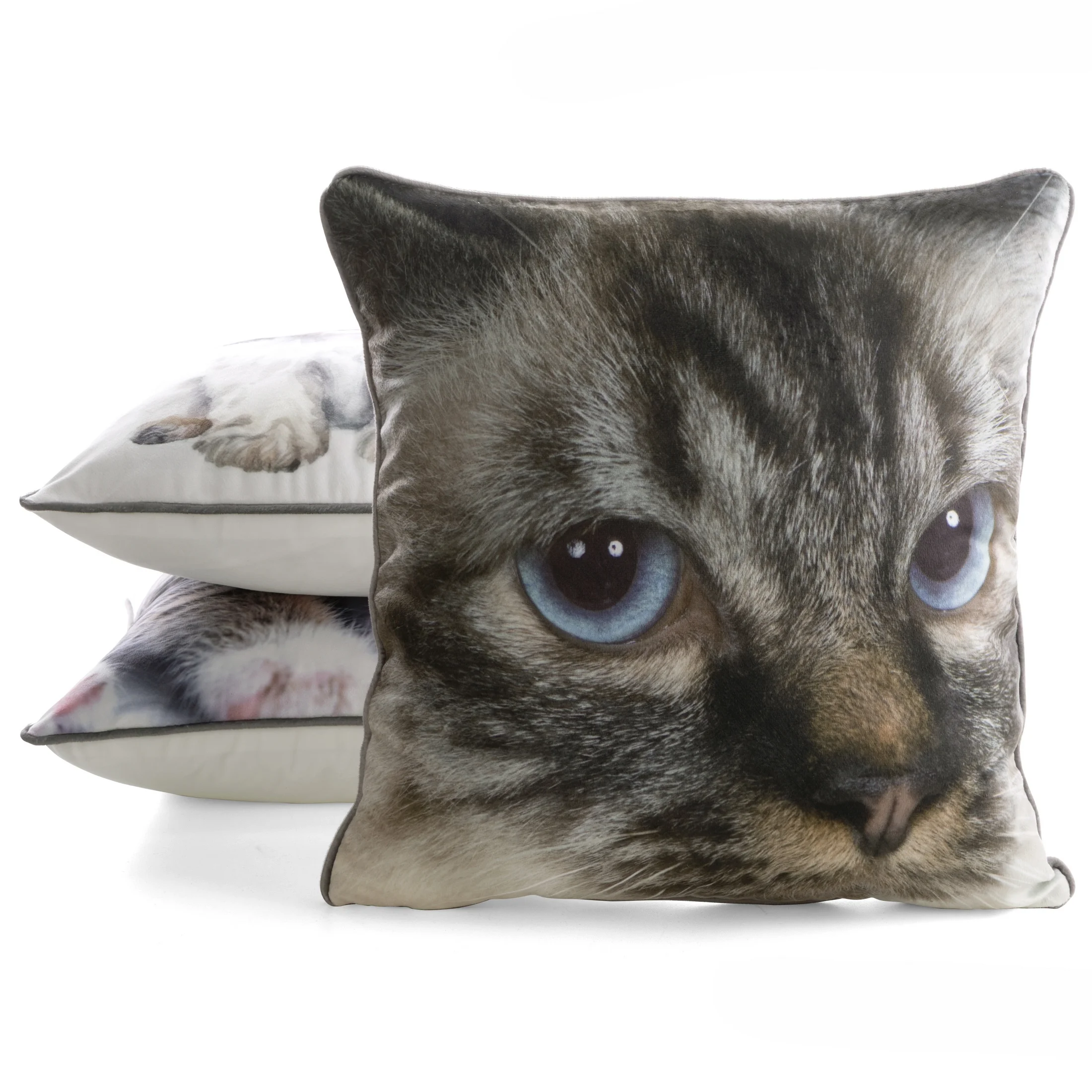 Poszewka na poduszkę 45x45 cm welwetowa beżowo, biała z motywem kota ANIMAL 80