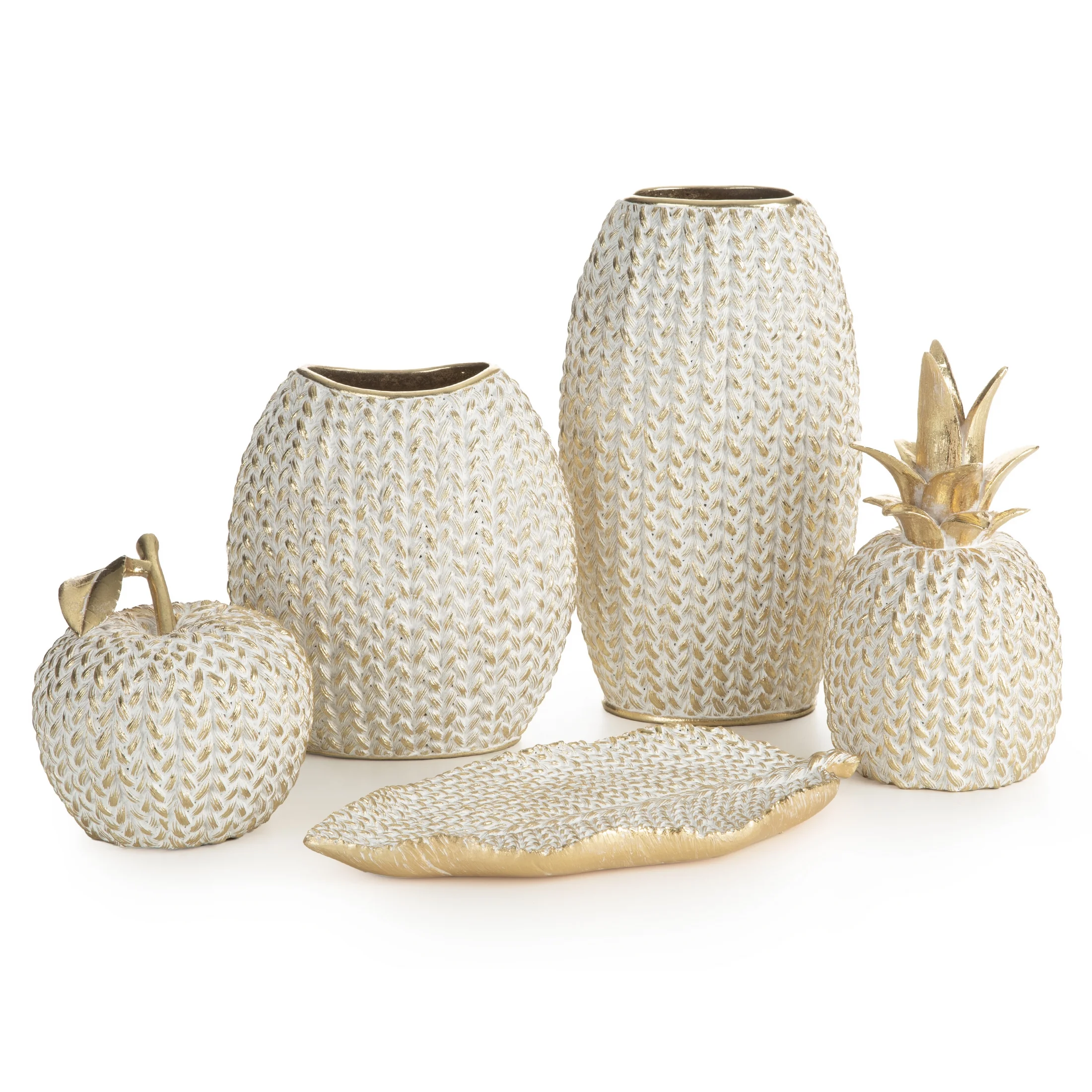 Figurka złota ananas zdobiona wzorem plecionego sweterka 12x12x21 cm MOLI