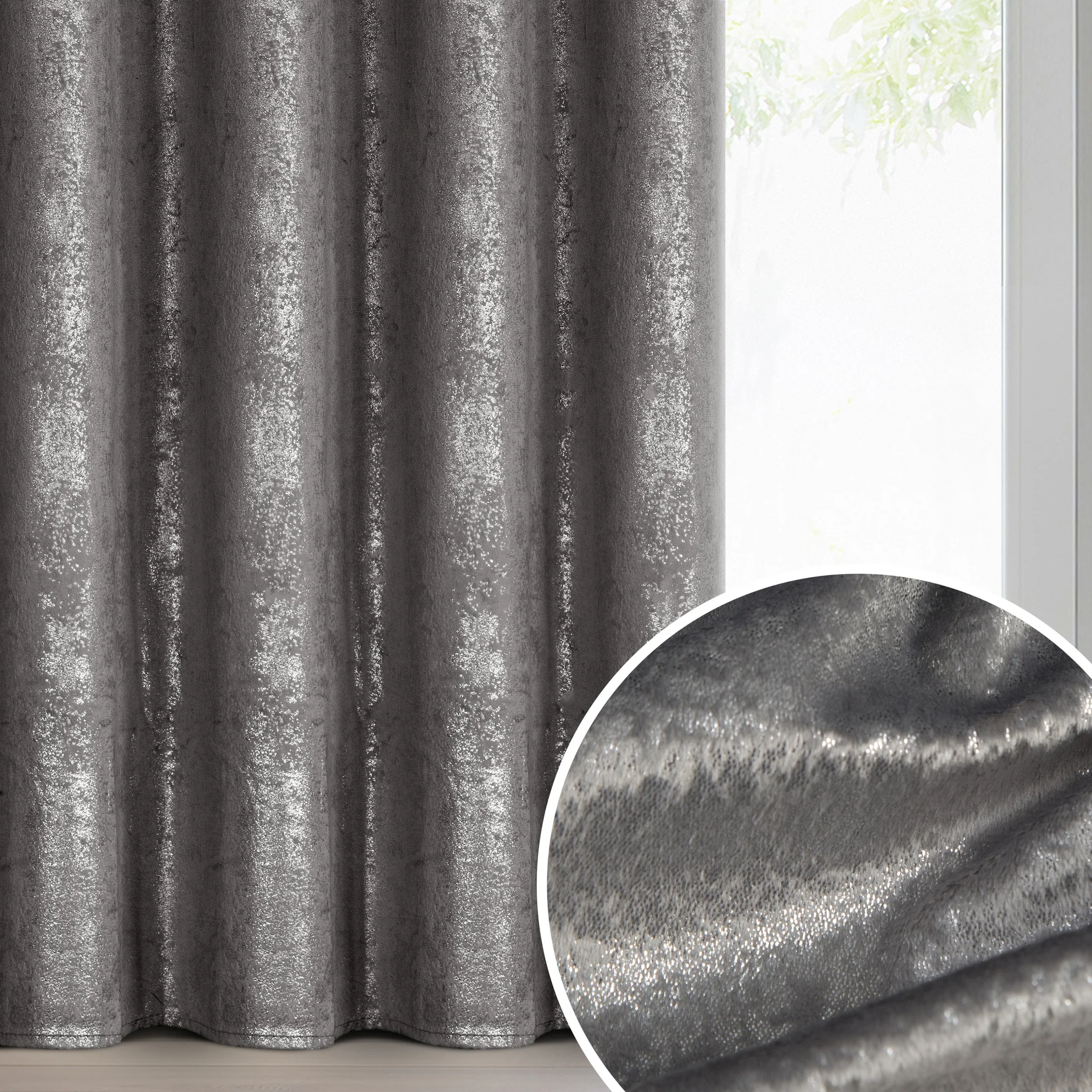 Zasłona stalowo, srebrna welwetowa z nakrapianym nadrukiem 135x270 cm taśma - AVENA | eurofirany