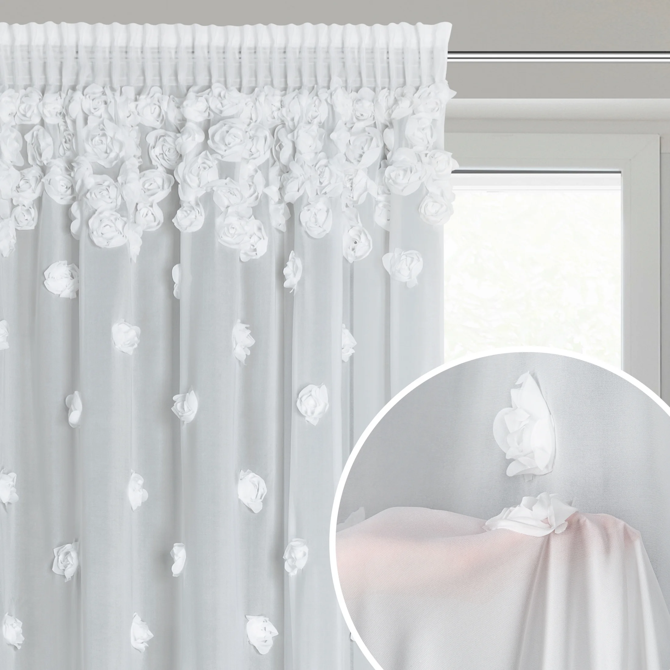 Firana biała z szyfonu zdobiona trójwymiarowymi różami 140x270 cm taśma - DIANA | eurofirany