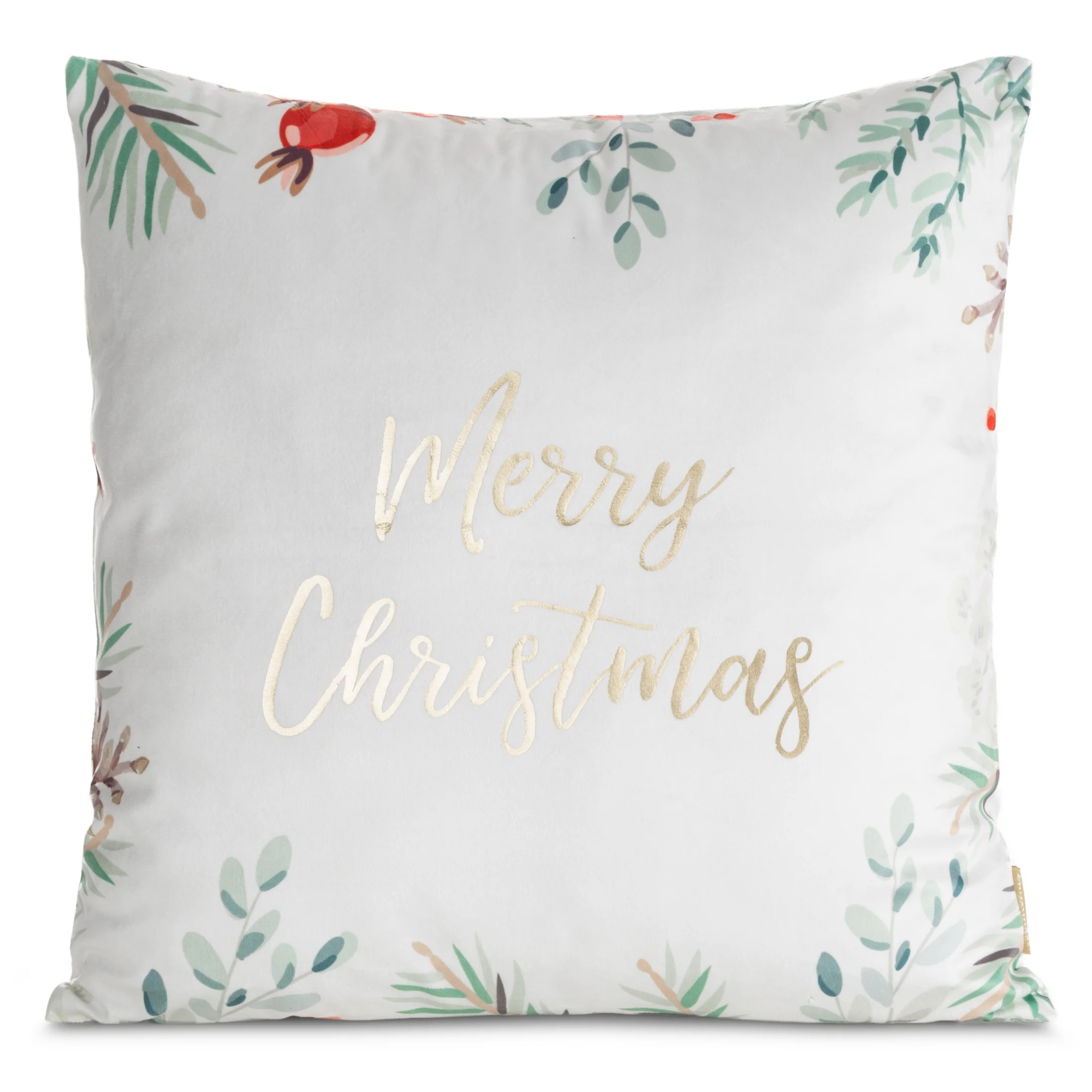 Poszewka na poduszkę świąteczna 45x45 cm welwetowa biało, zielona zdobiona nadrukiem | eurofirany