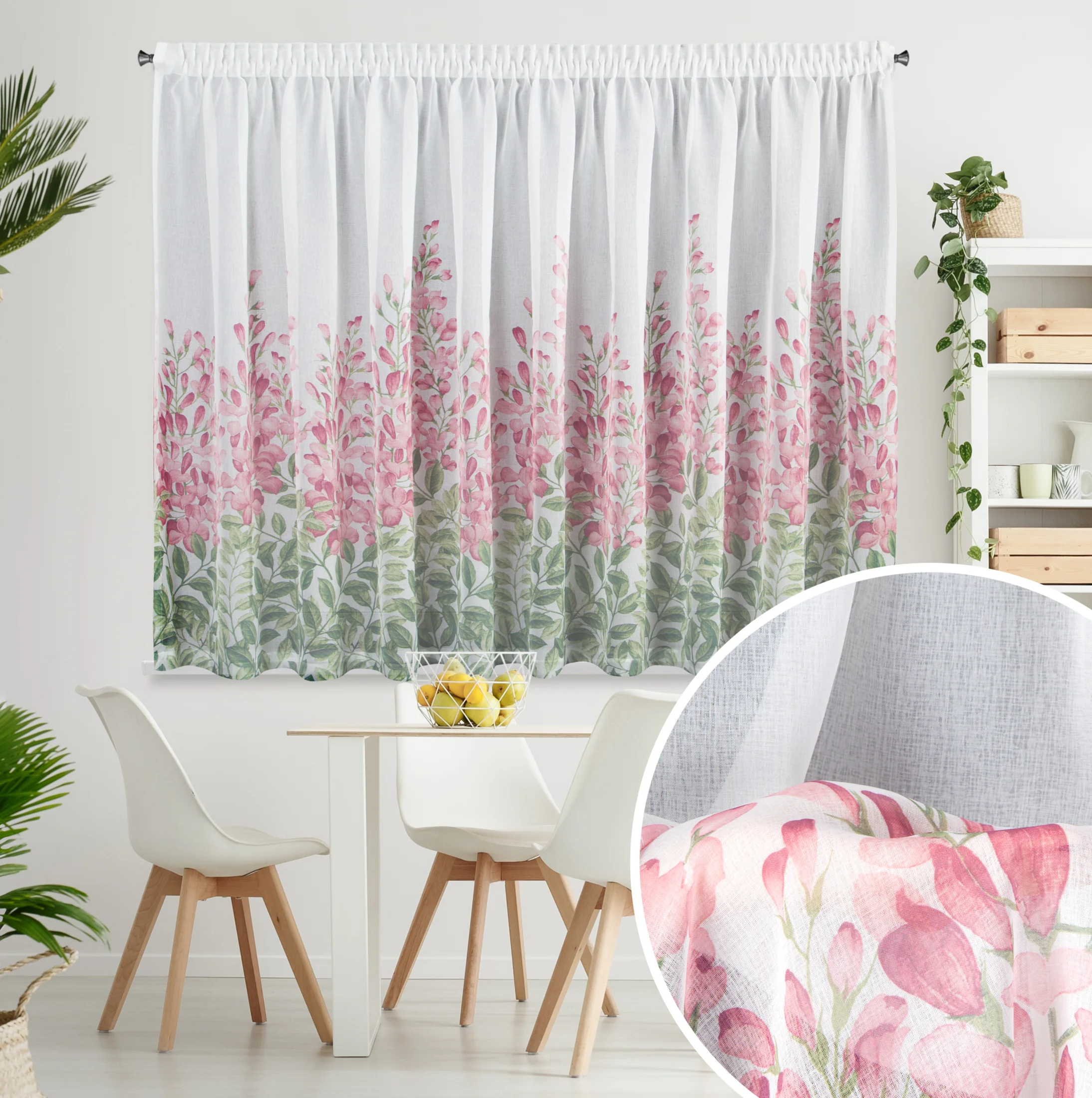 Firana biało, różowa z etaminy zdobiona motywem kwiatów 300x160 cm taśma - JULIETA | eurofirany