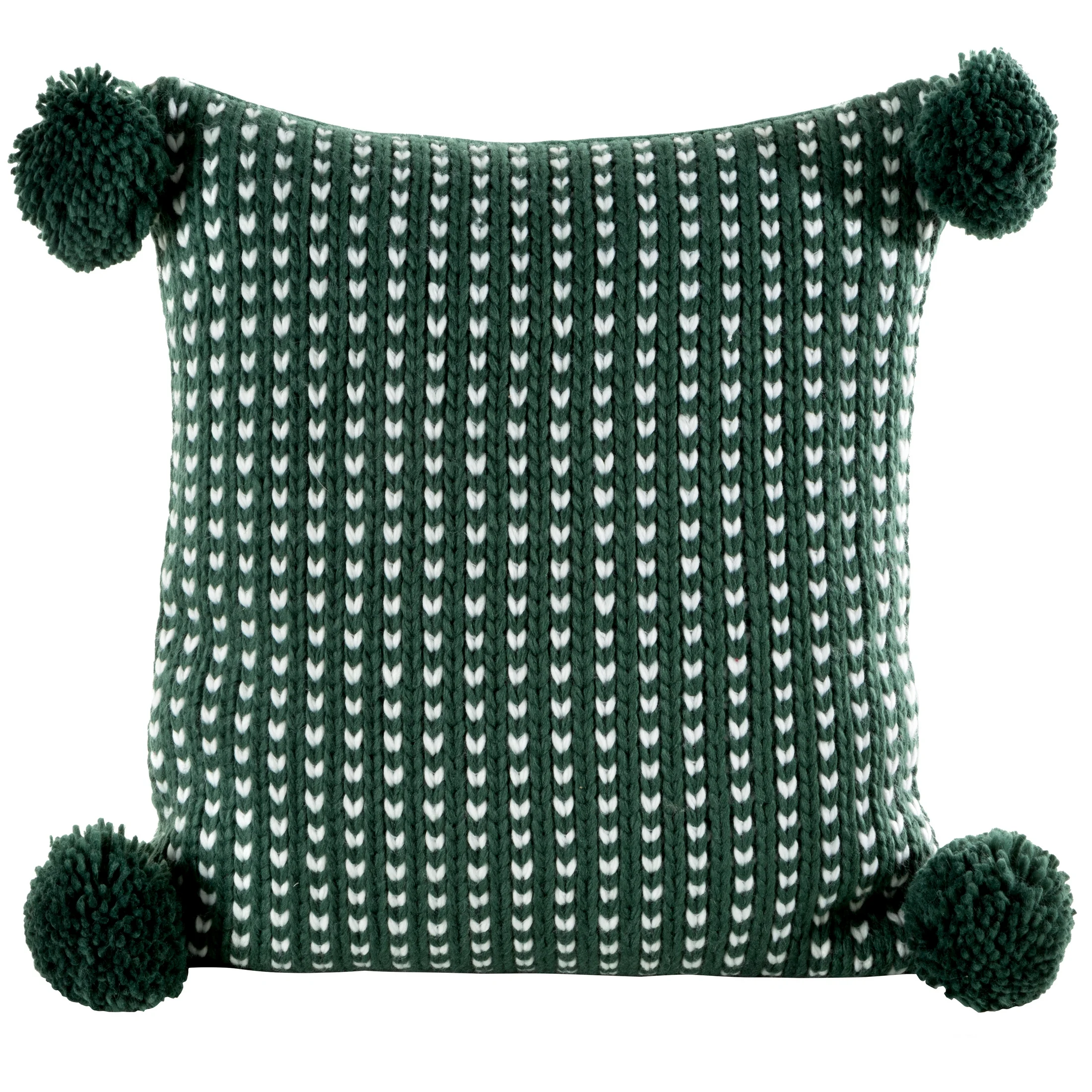Poszewka na poduszkę 45x45 cm świąteczna zielono biała o plecionej strukturze z pomponami |