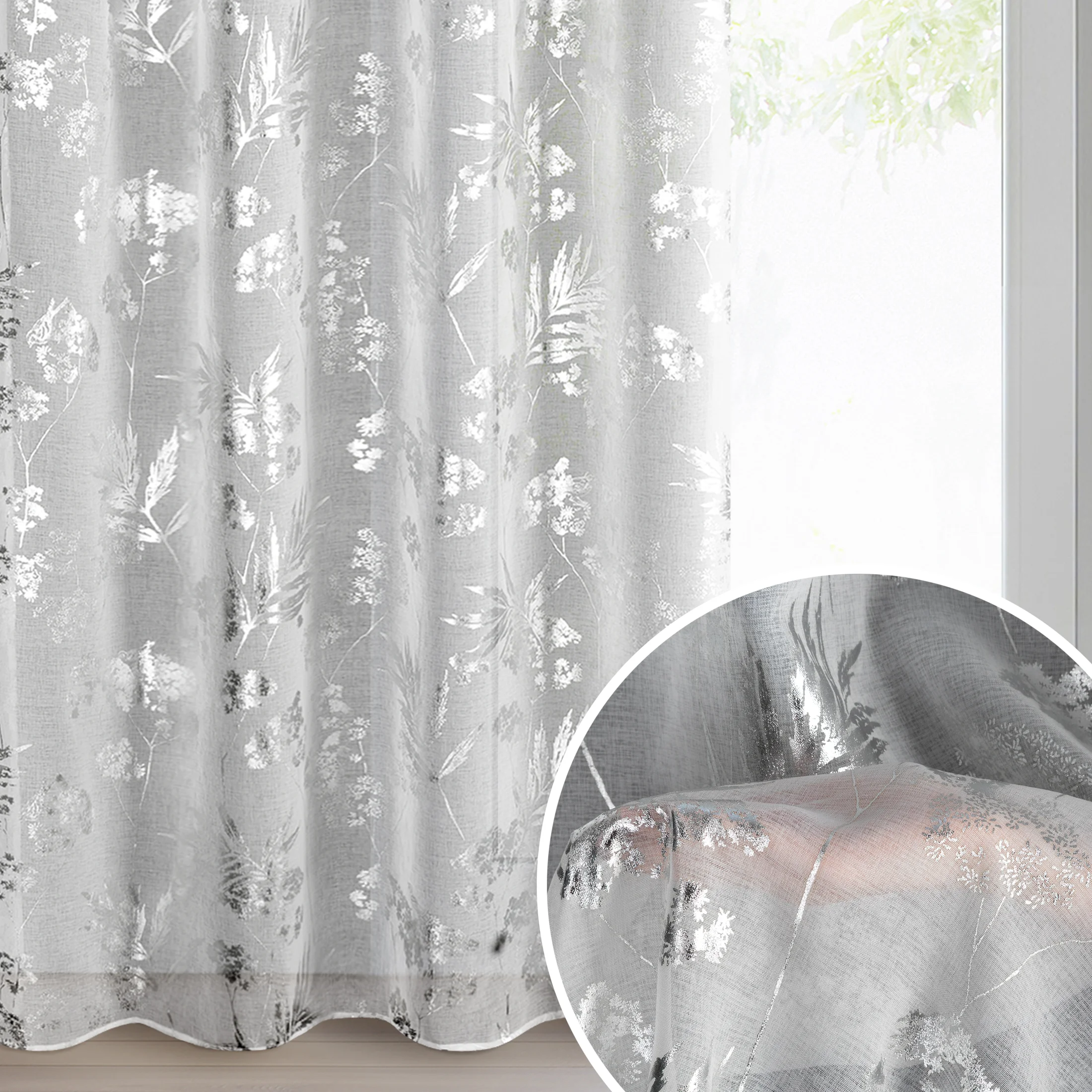 Firana biało, srebrna z etaminy z motywem roślinnym 140x250 cm przelotki - DELIA | eurofirany