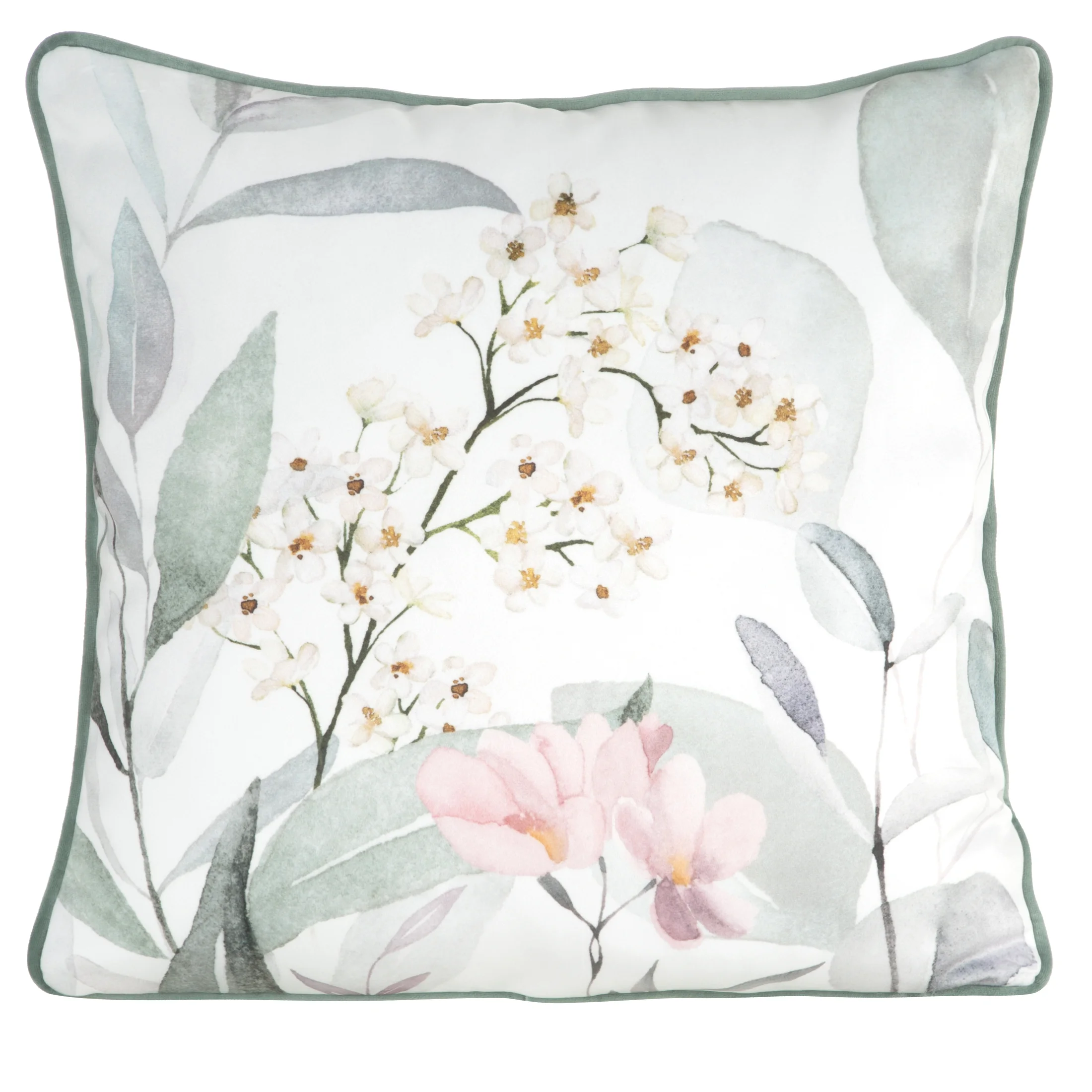 Poszewka na poduszkę dwustronna 45x45 cm welwetowa, biało zielona z motywem roślinnym z wypustką na brzegach JULIET Eurofirany Premium | eurofirany