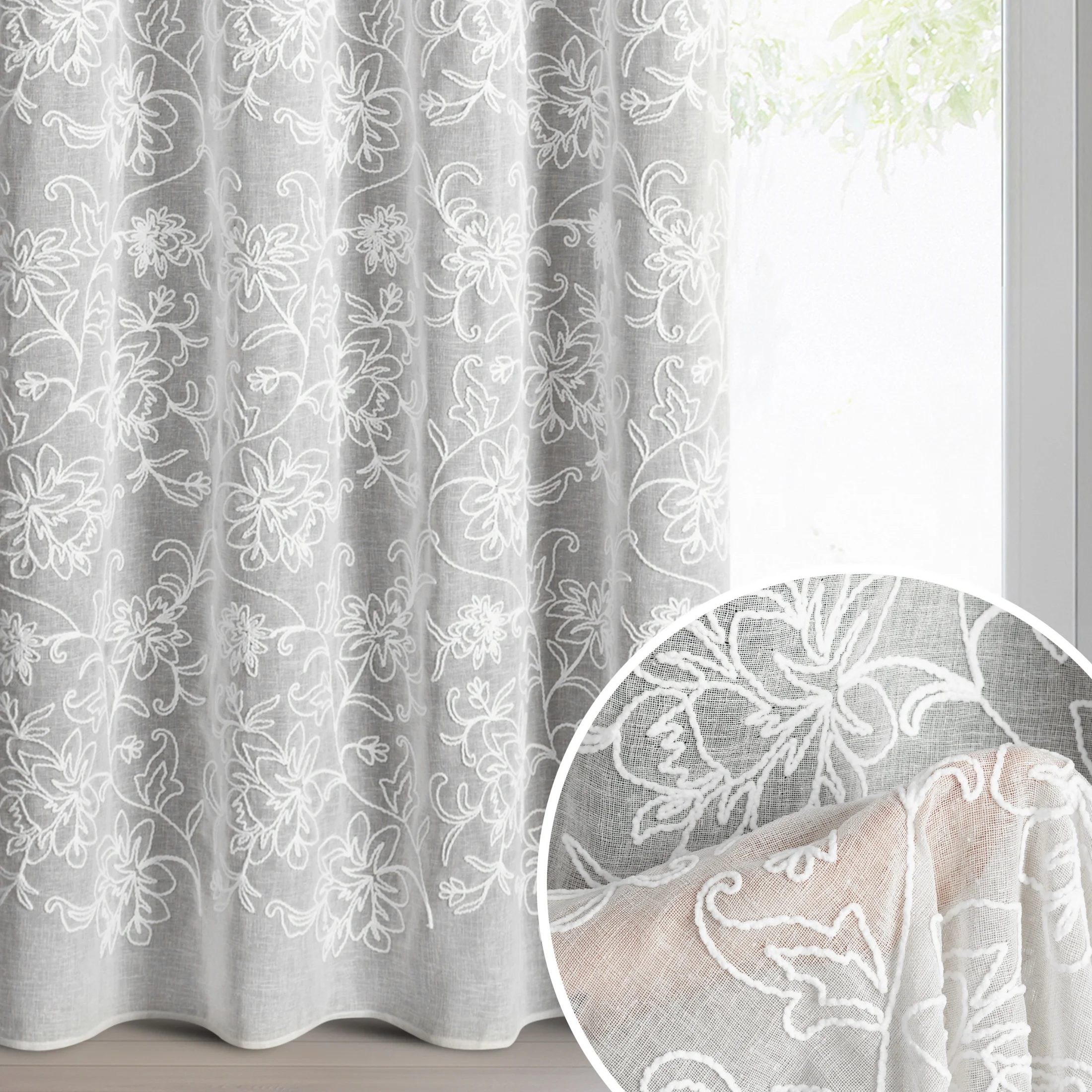 Zasłona biała z tkaniny o naturalnym wyglądzie zdobiona szenilowym haftem 140x250 cm przelotki - LILY | eurofirany