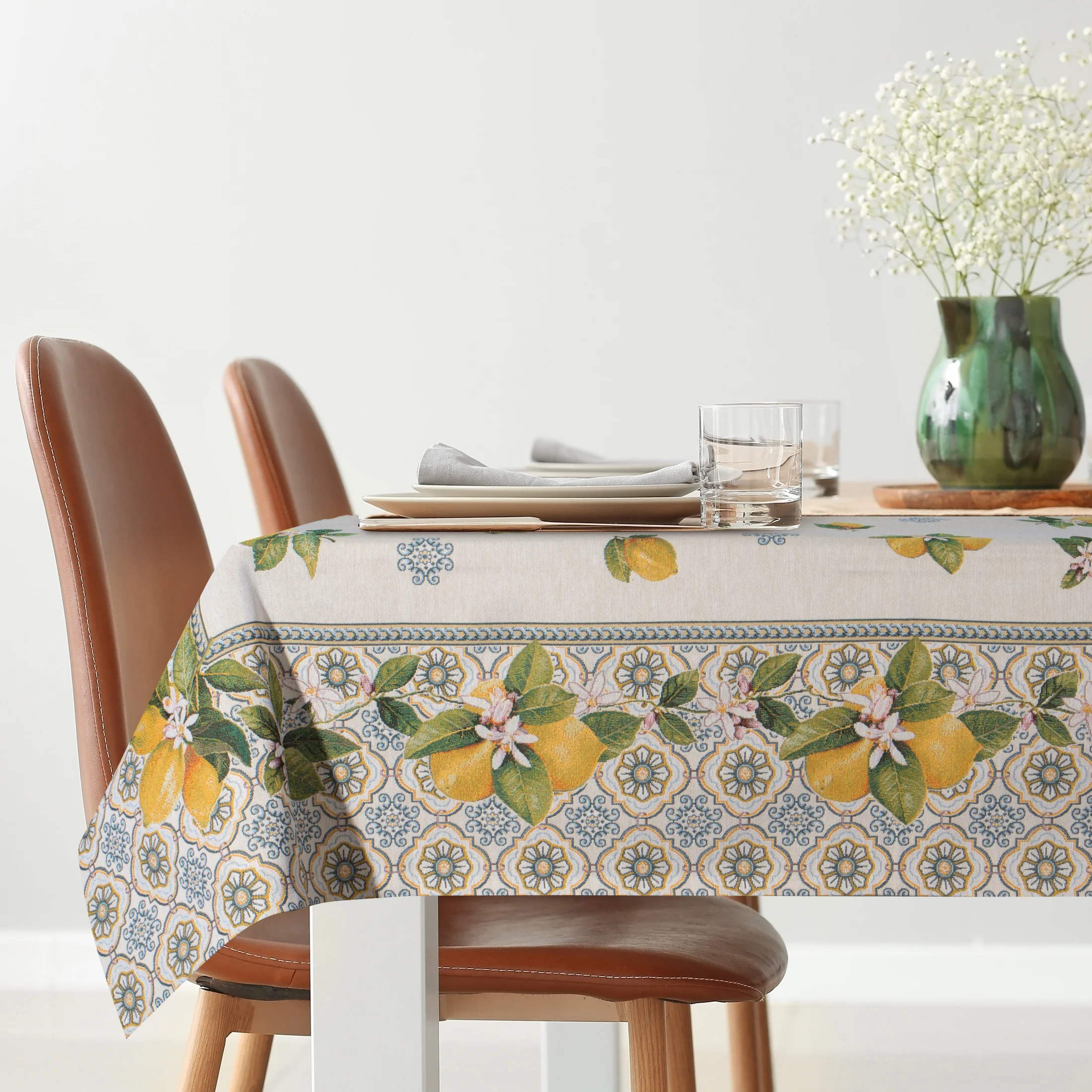 Obrus naturalno, żółty 140x180 cm gobelinowy z nadrukiem letnich cytryn