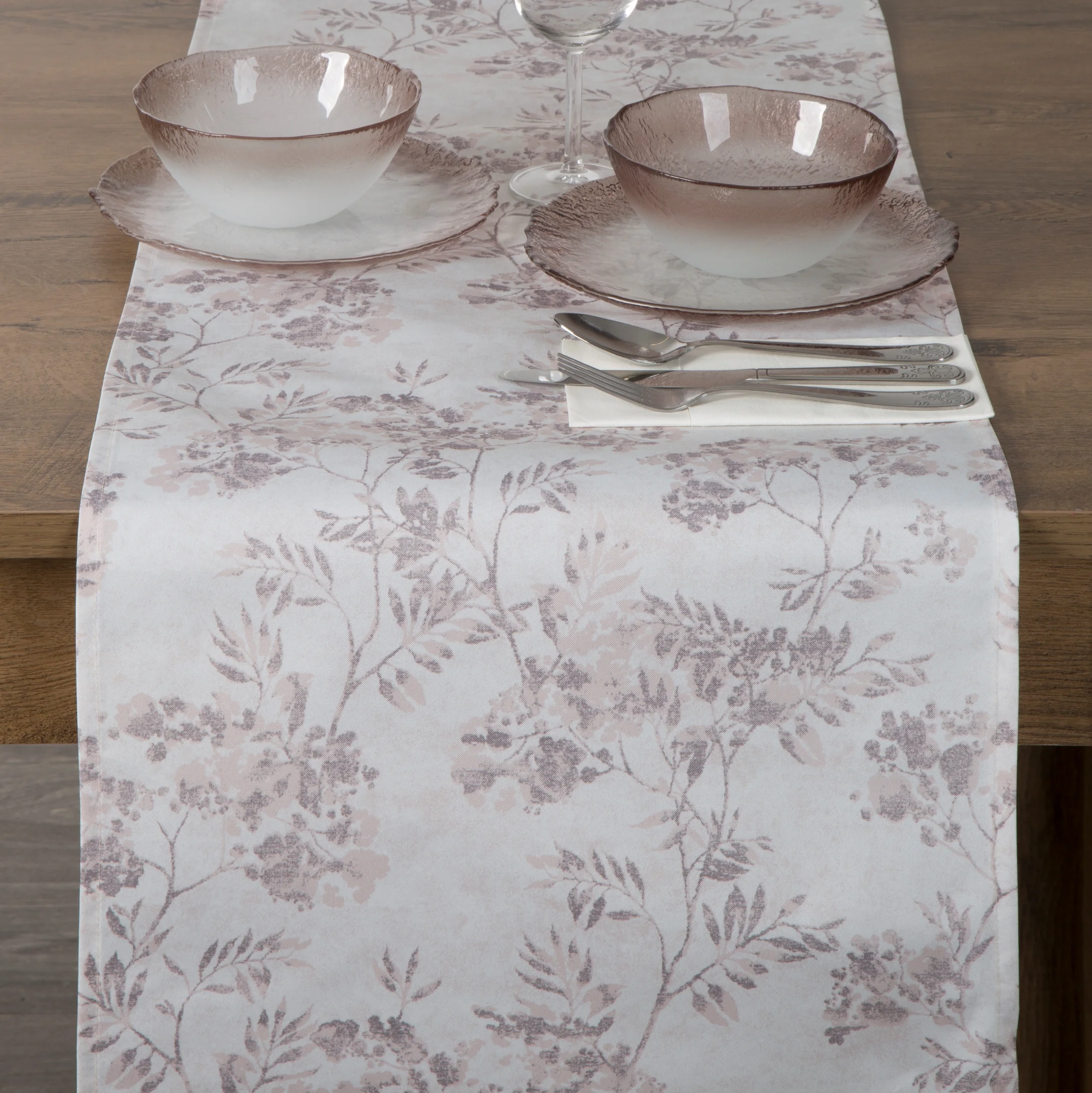 Bieżnik na stół kremowo, beżowy 40x140 cm GARDEN na taras oraz balkon z motywem roślinnym